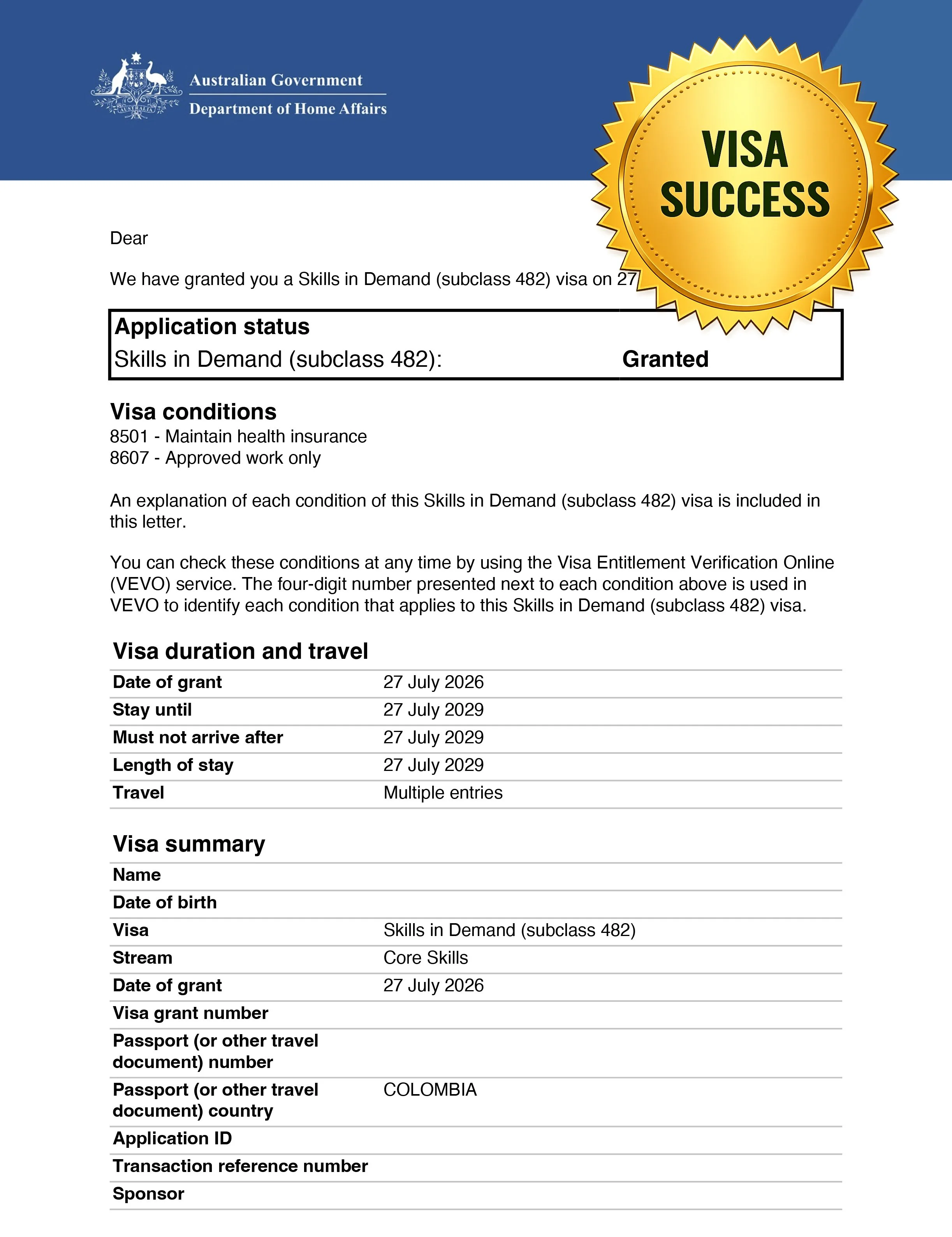 Skills in Demand Visa (Subclass 482) Grant Notification.