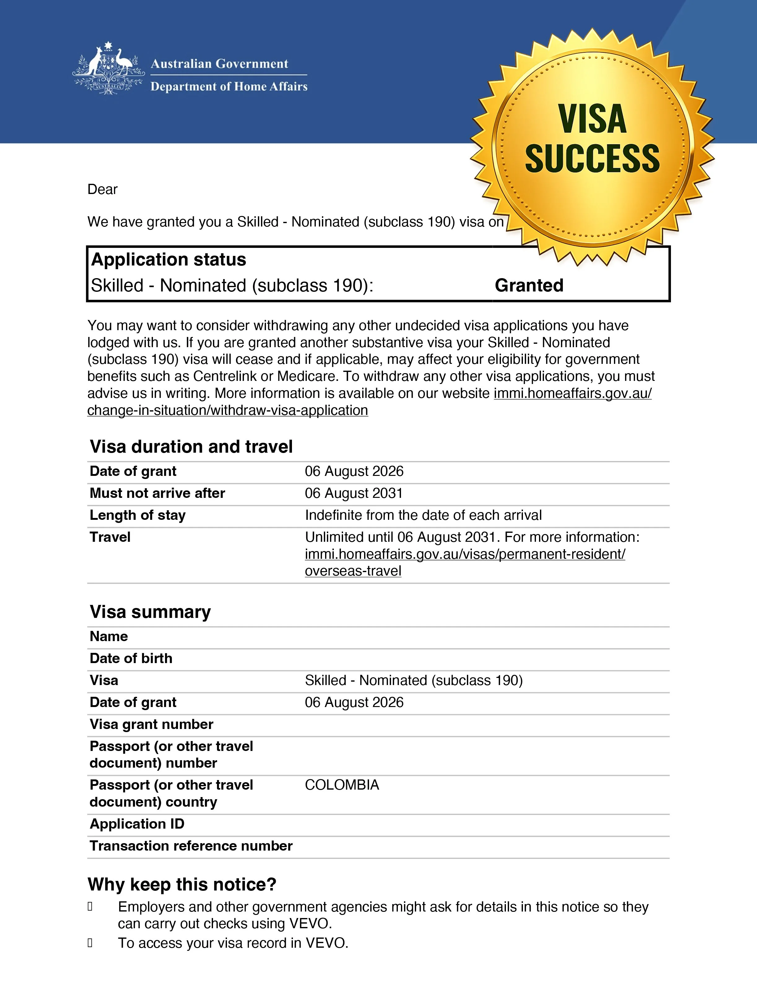 Australian Skilled Visa Subclass 190 grant letter confirming visa approval