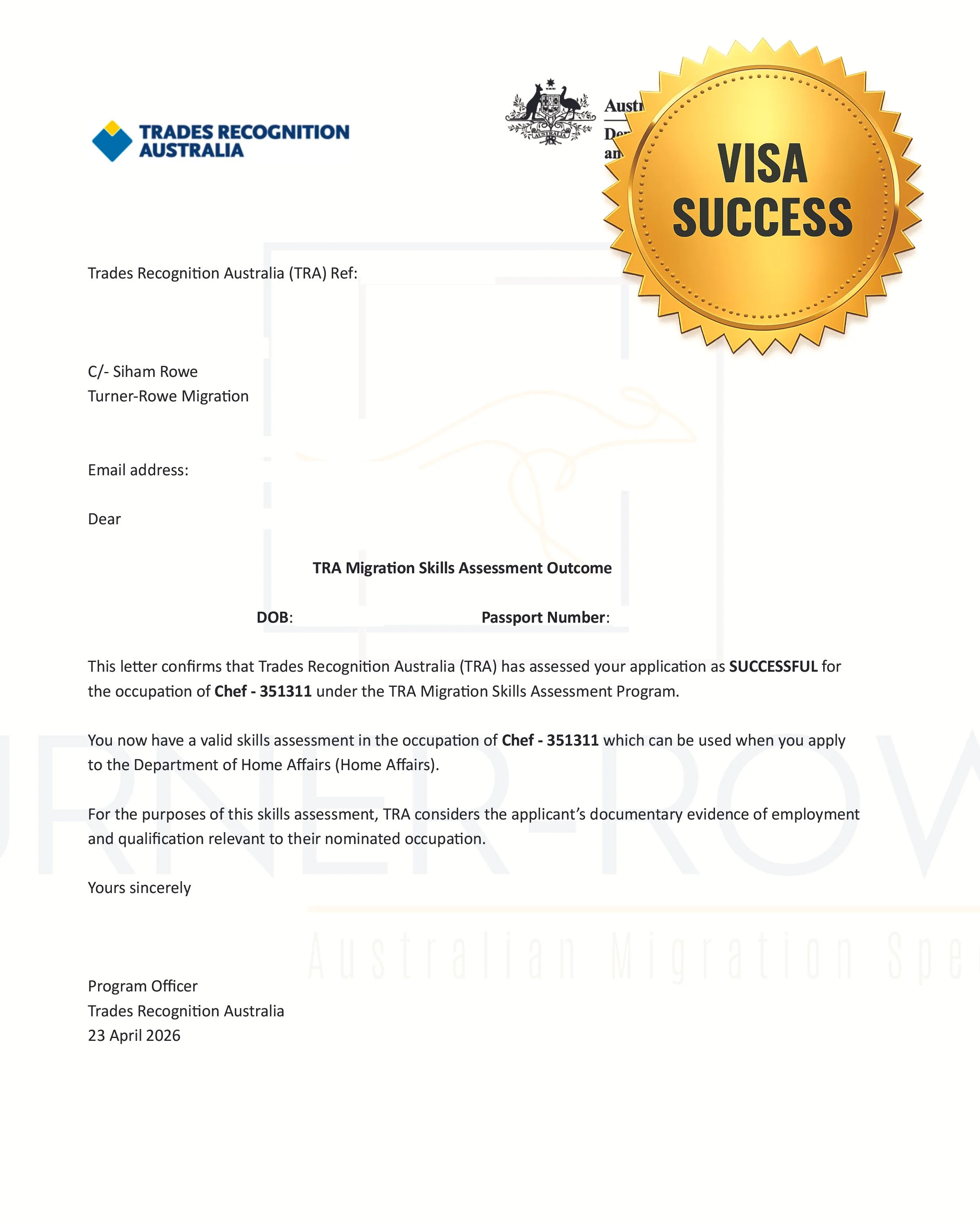 TRA Migration Skills Assessment Grant Letter