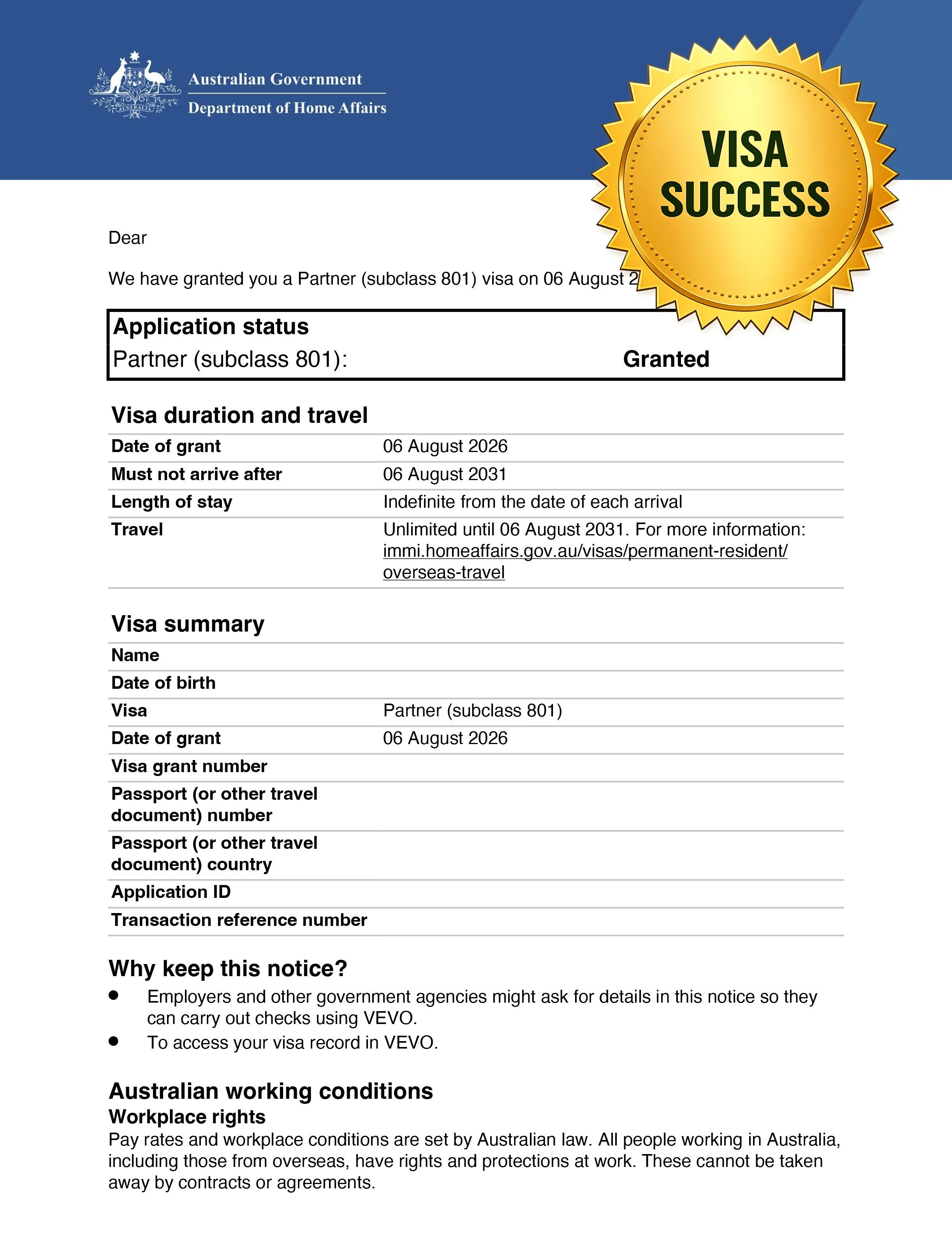 Permanent Partner Visa (Subclass 801) Grant Notification Letter.