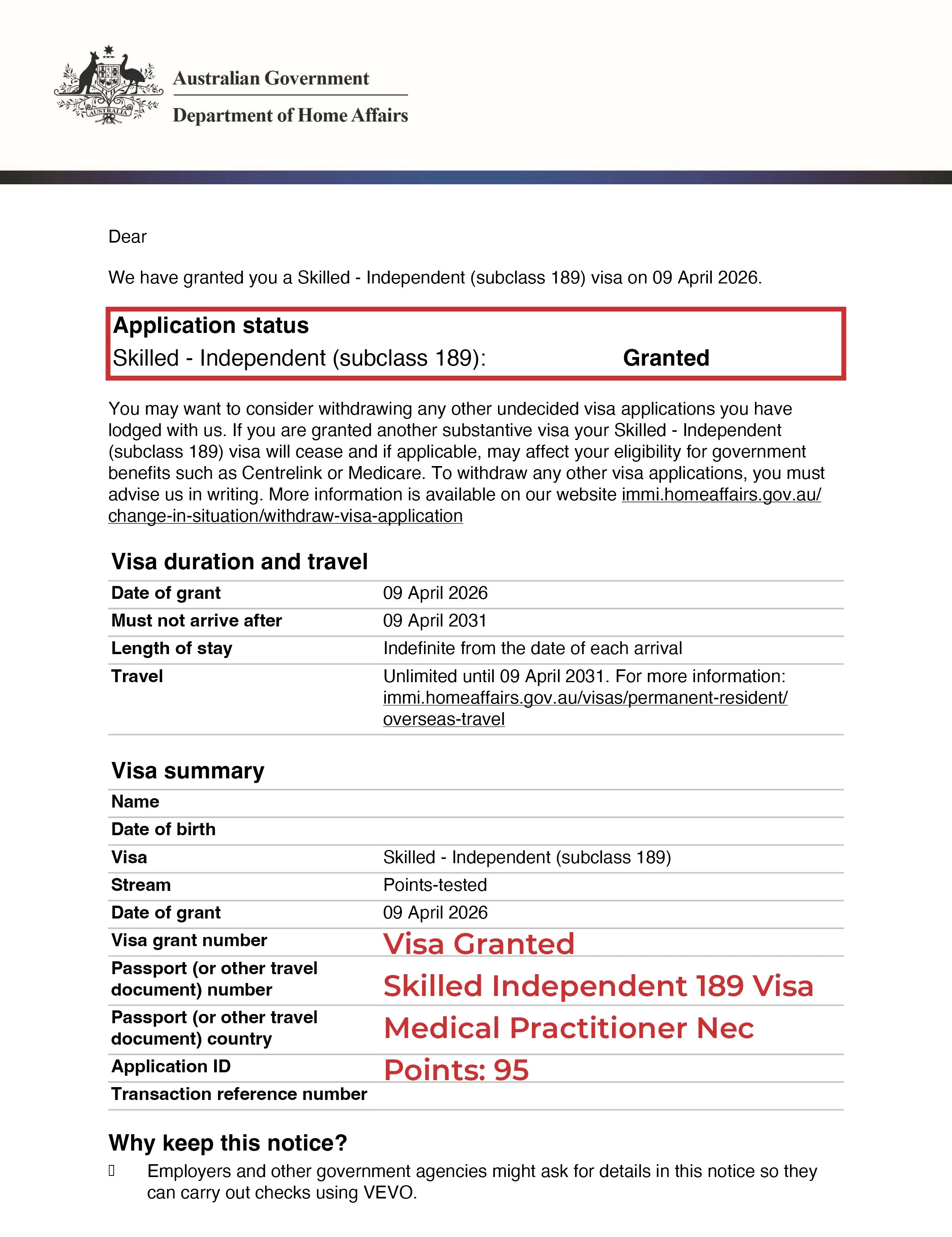 Skilled Independent Subclass 189 Visa Grant