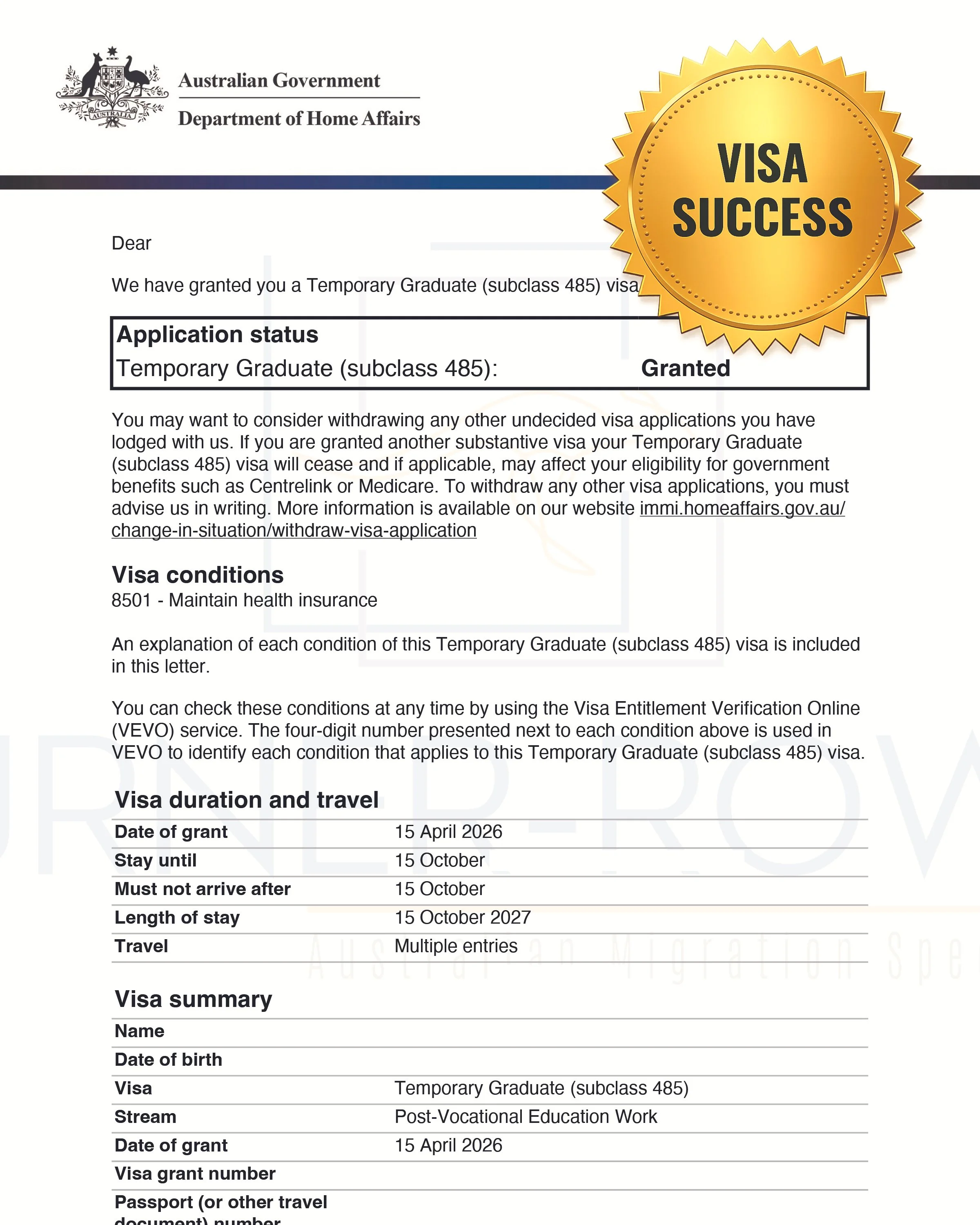 Temporary Graduate Visa Australia Grant Letter