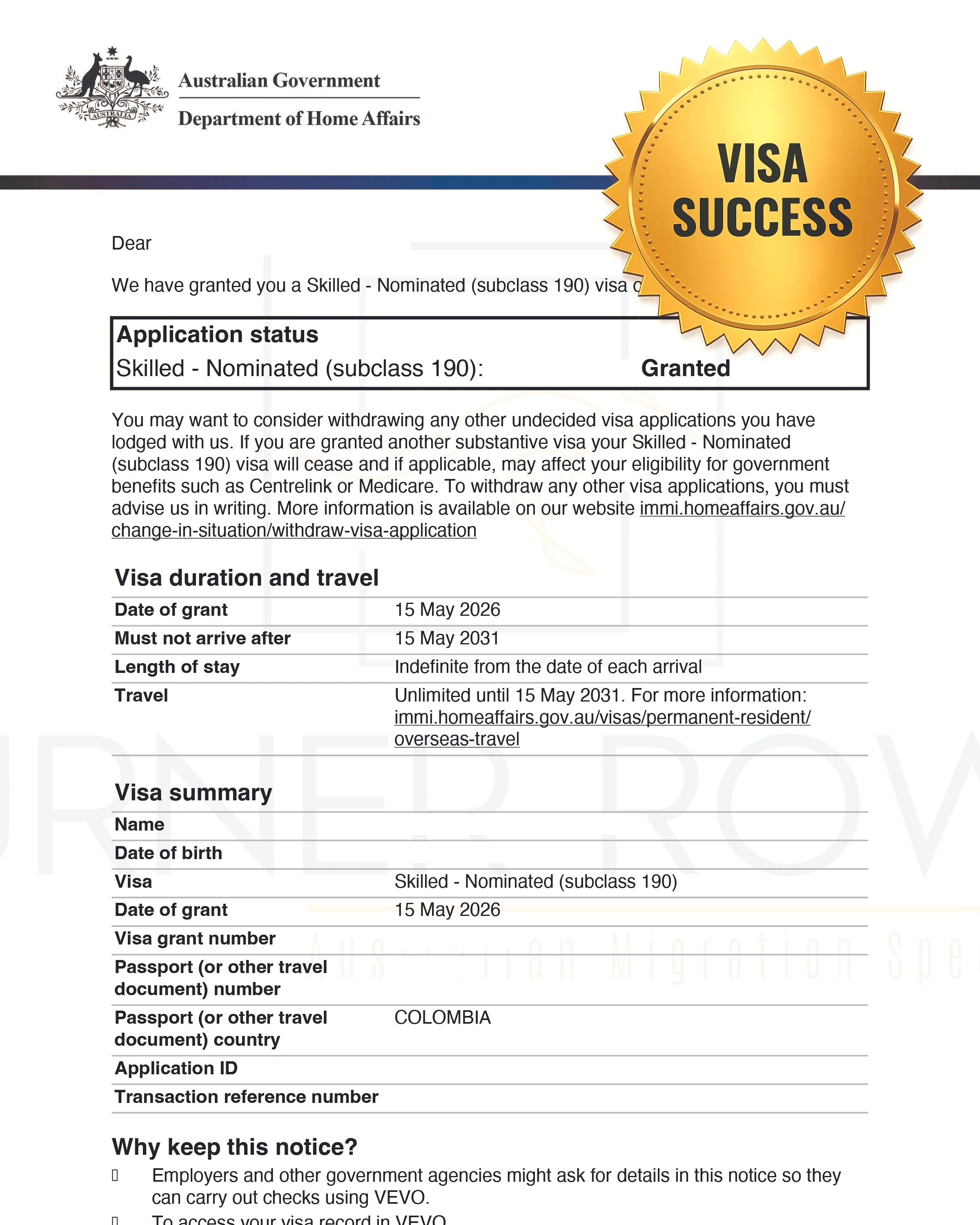 Skilled Nominated Visa Australia Grant Letter