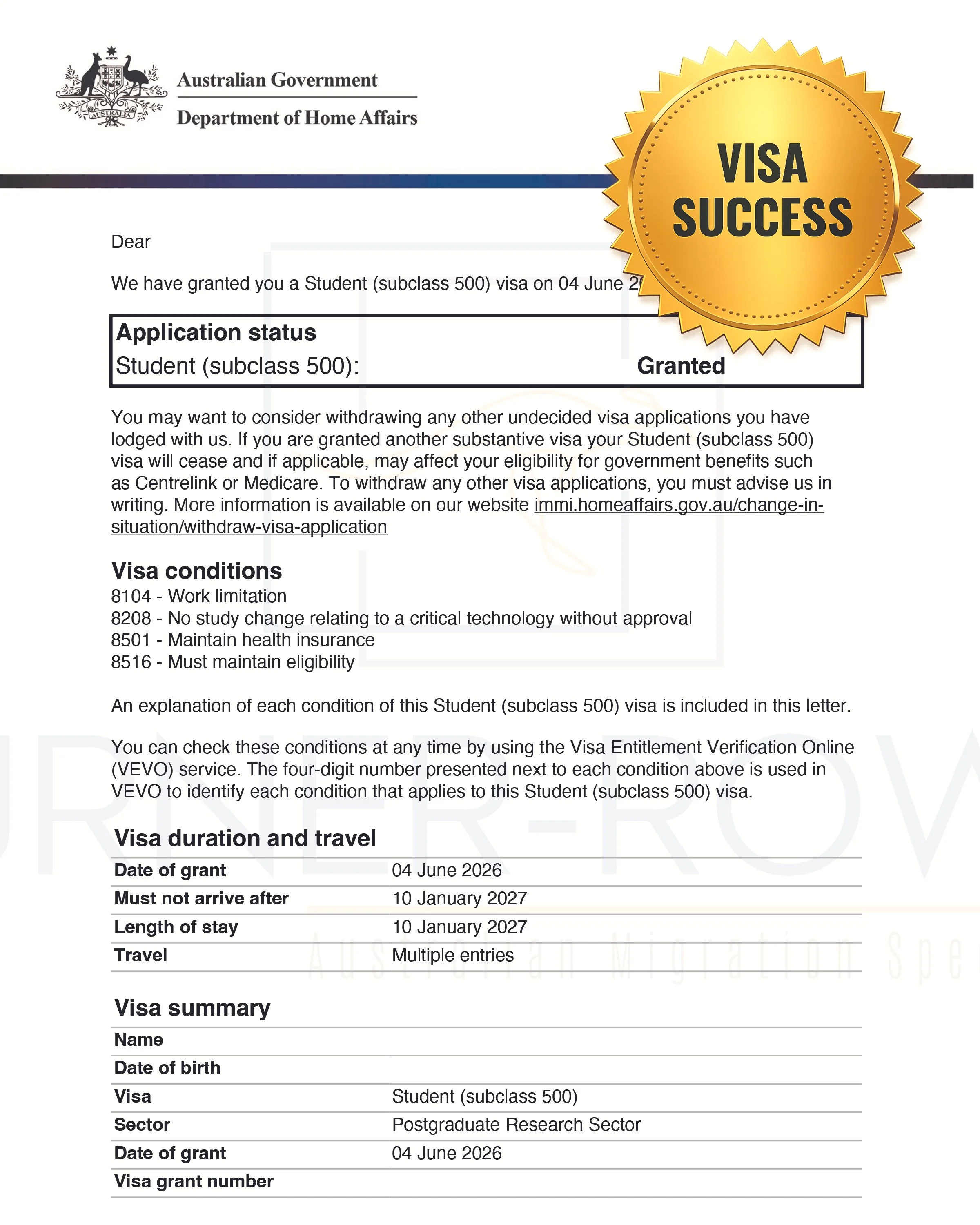 Student Visa Australia Grant Letter
