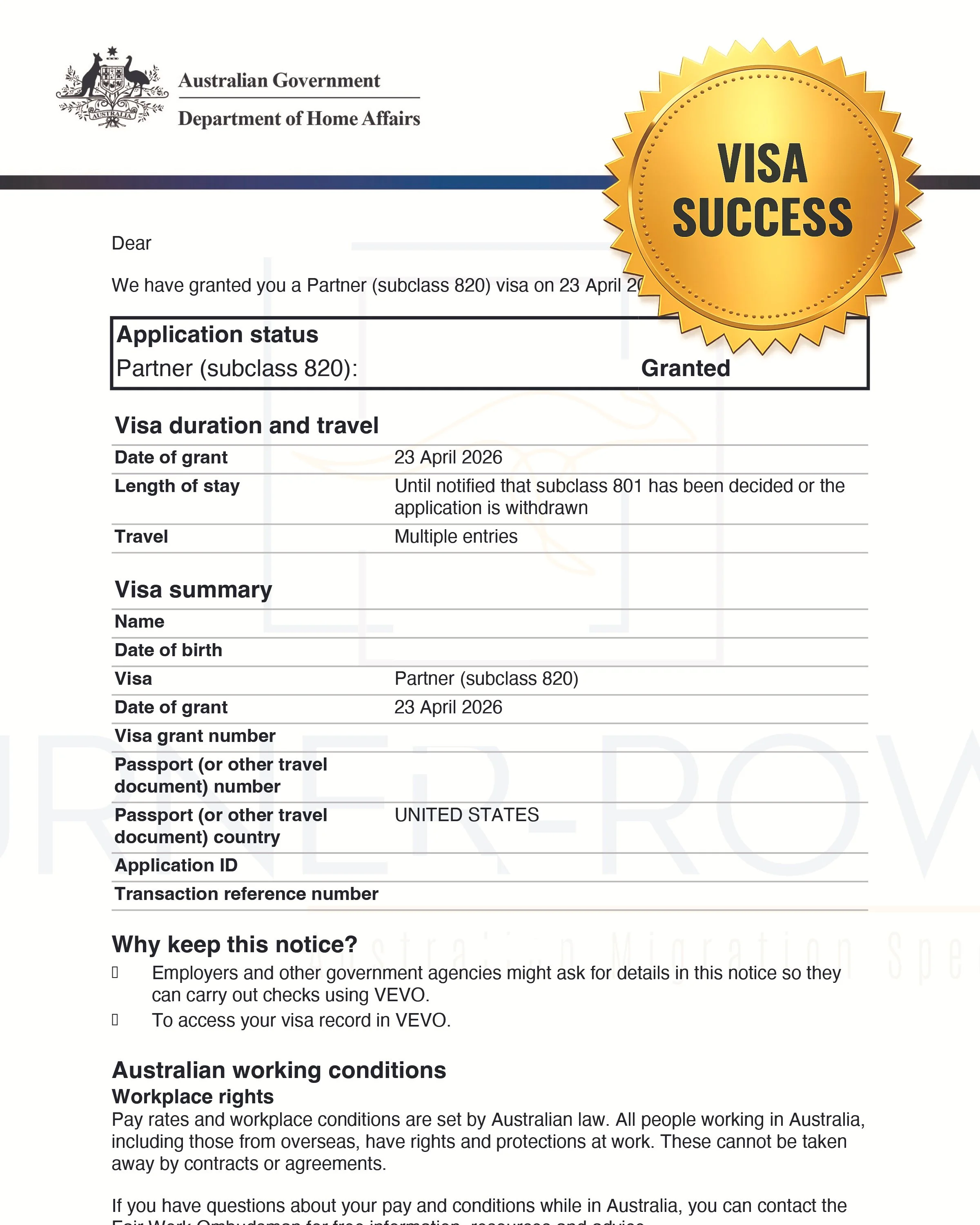 Partner Visa Australia Grant Letter