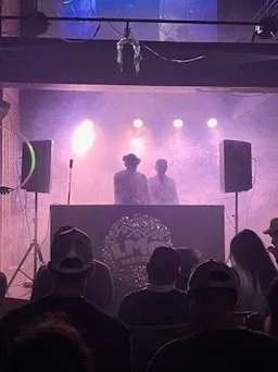 Silhouettes of two people DJing at a nightclub with fog, colorful lights, and an audience in front.