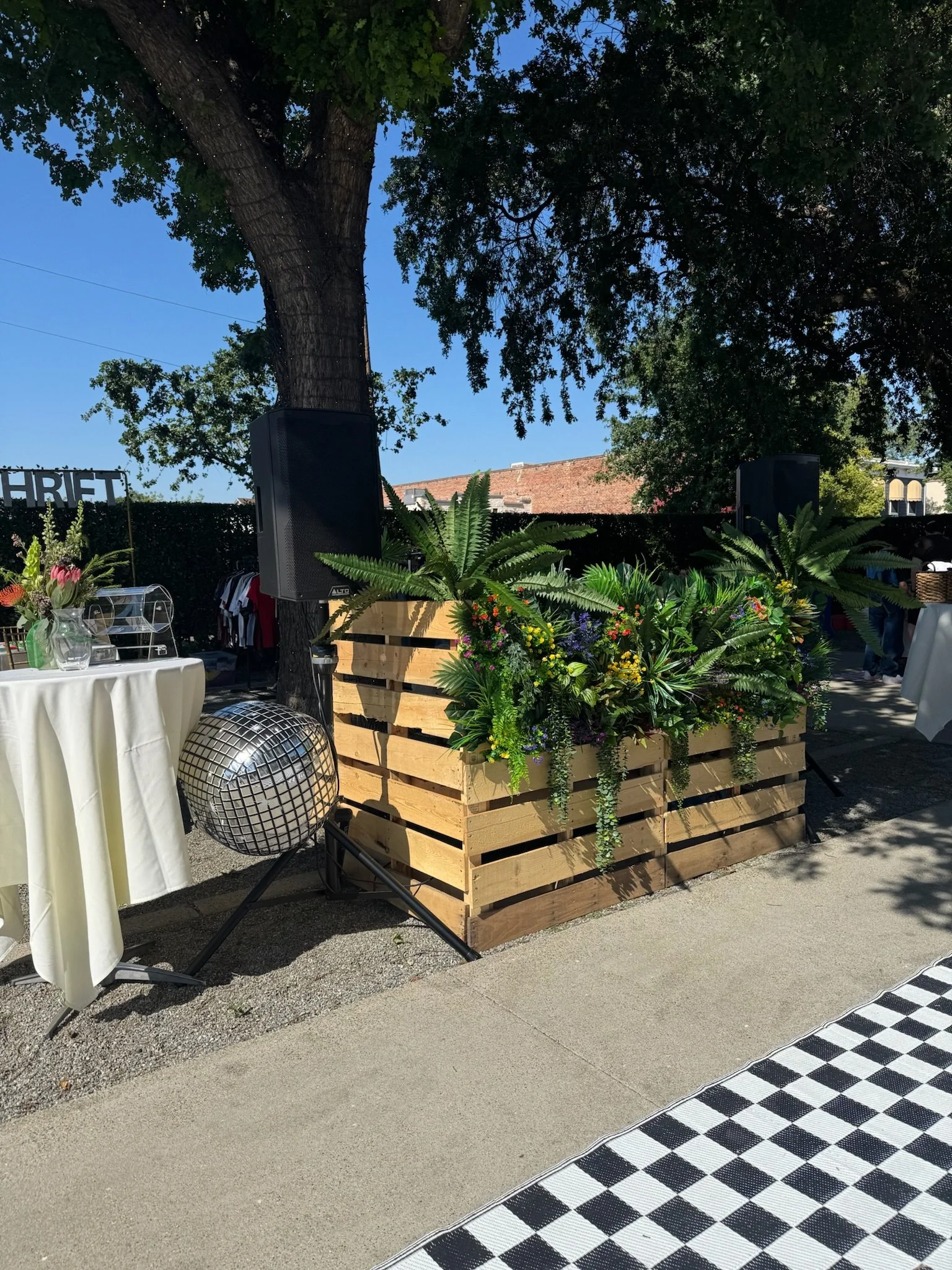 Outdoor event setup with tables, potted plants, large speakers, and a large tree, against a blue sky with some buildings in the background.