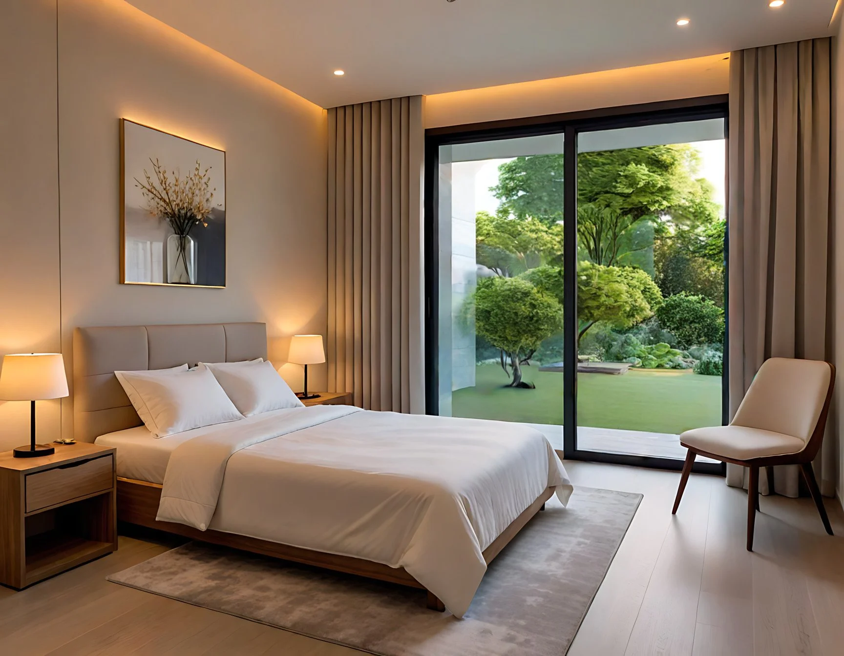 Modern bedroom with a large bed, two bedside lamps, a chair, and a sliding glass door revealing a lush green garden outside.