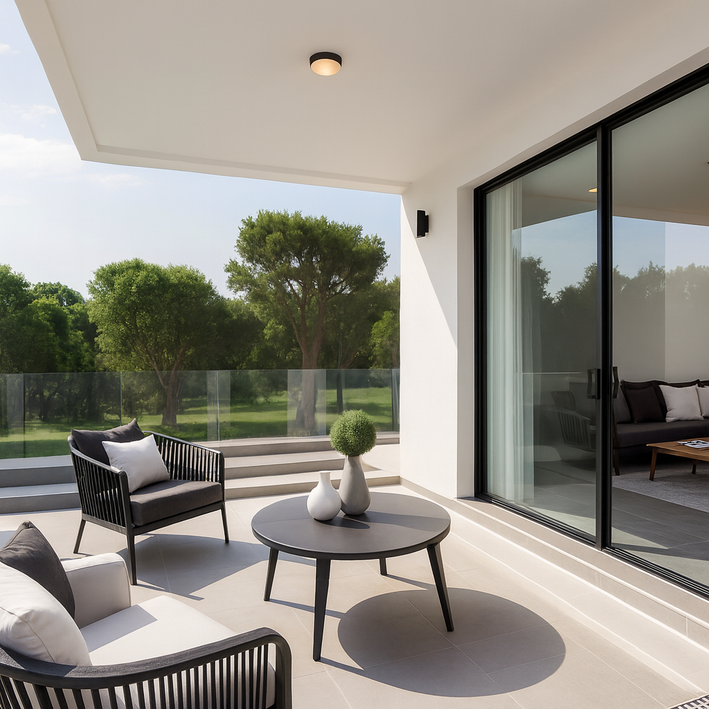 Modern balcony with outdoor seating, a round table with vases, surrounded by greenery and city skyline in the background.