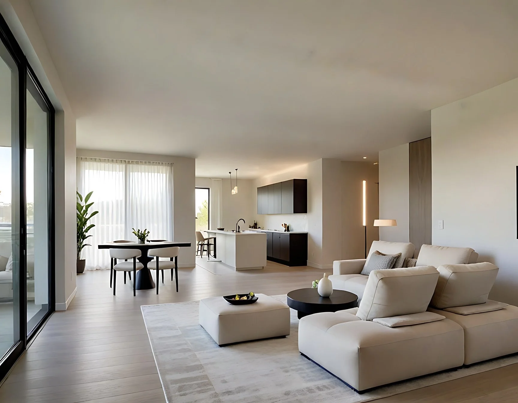 Modern open-concept living and dining area with white and black furnishings, a beige sofa with gray pillows, a black round coffee table, a rectangular dining table with four chairs, large windows with sheer white curtains, and a sleek kitchen with black cabinets and a white island.