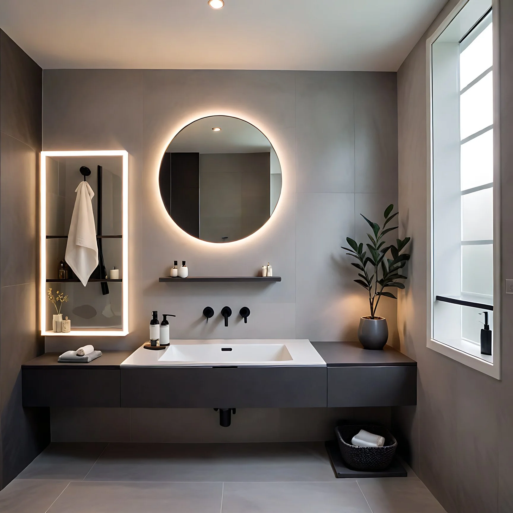 Modern bathroom with a backlit round mirror, a gray floating vanity with an integrated sink, black fixtures, a potted plant, a rectangular window with frosted glass, and minimal decor.