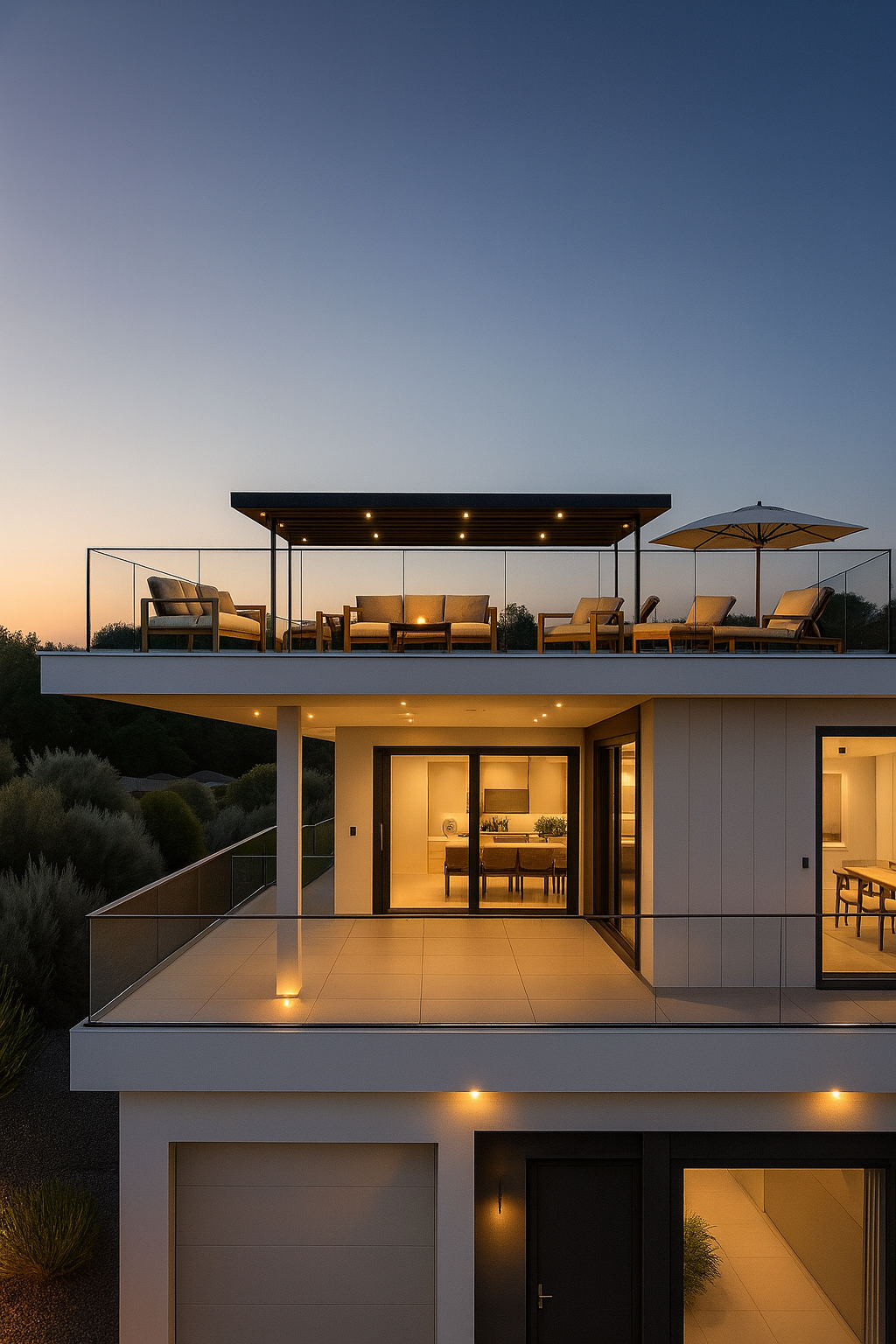 Modern multi-story house with large rooftop patio furnished with lounge chairs, an umbrella, and outdoor seating, illuminated at dusk.