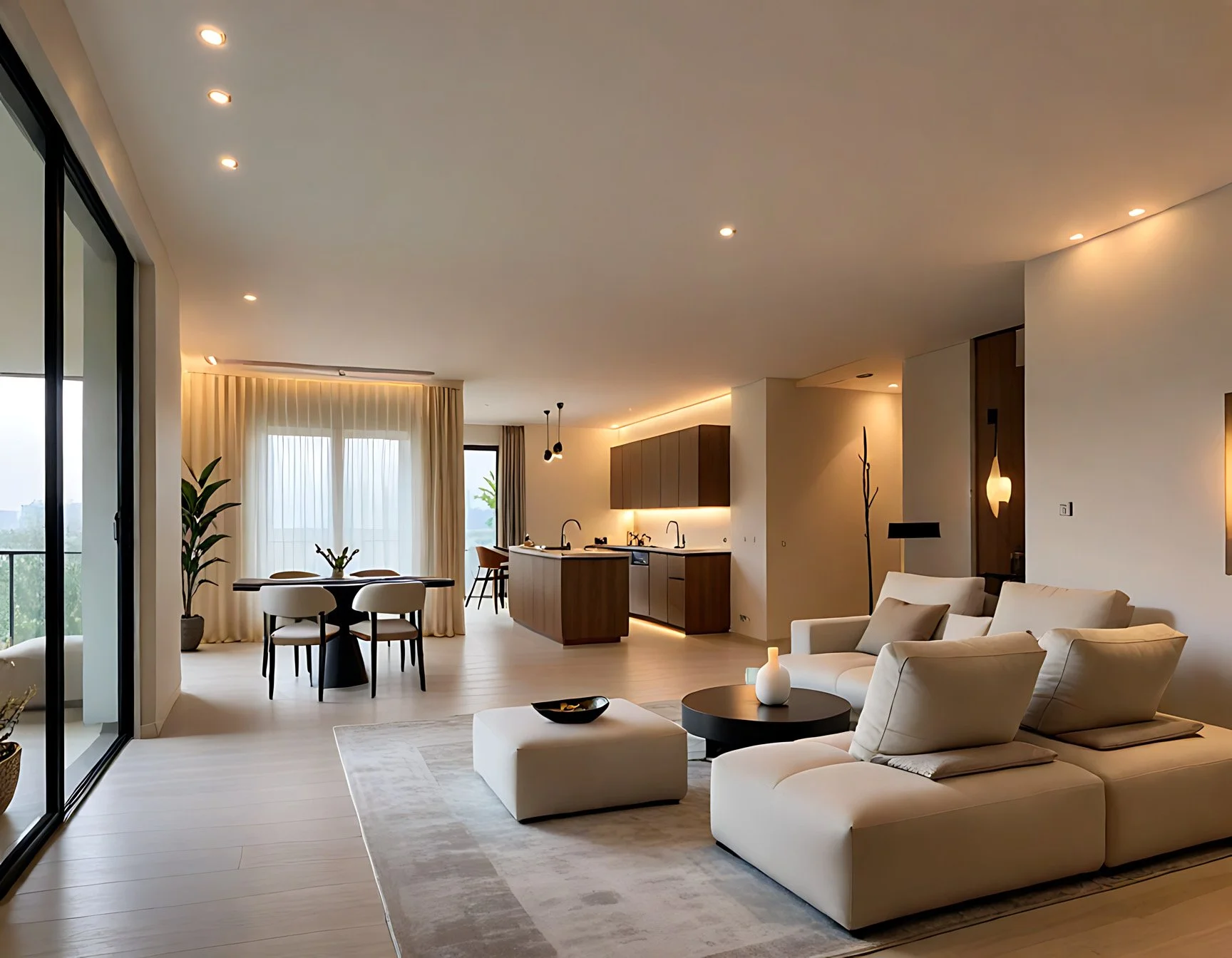 Modern open-concept living room, dining area, and kitchen with neutral tones, minimalist furniture, and large windows with sheer curtains