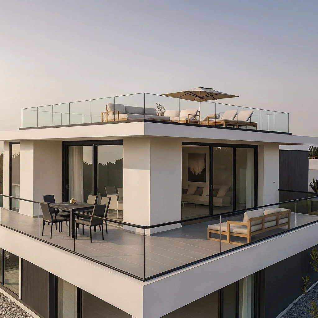 A modern multi-story house with large glass sliding doors and outdoor terraces. The upper terrace has outdoor seating, a large umbrella, and glass railing. The lower terrace has a dining table with six chairs and potted plants, and a seating area with sofas.