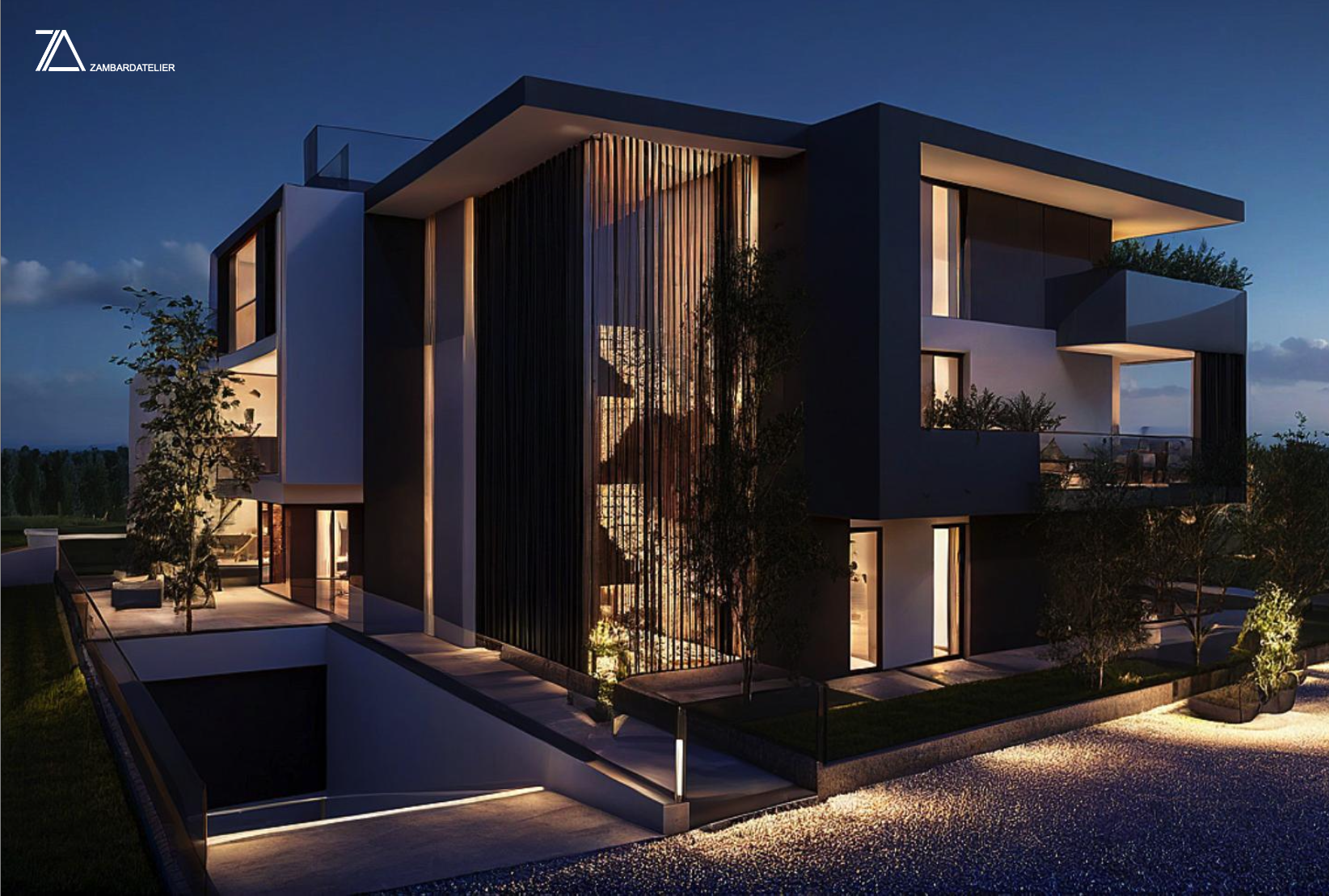 Modern multi-story house at dusk with illuminated interior lighting, balconies, and large windows, surrounded by landscaped greenery and outdoor lighting.
