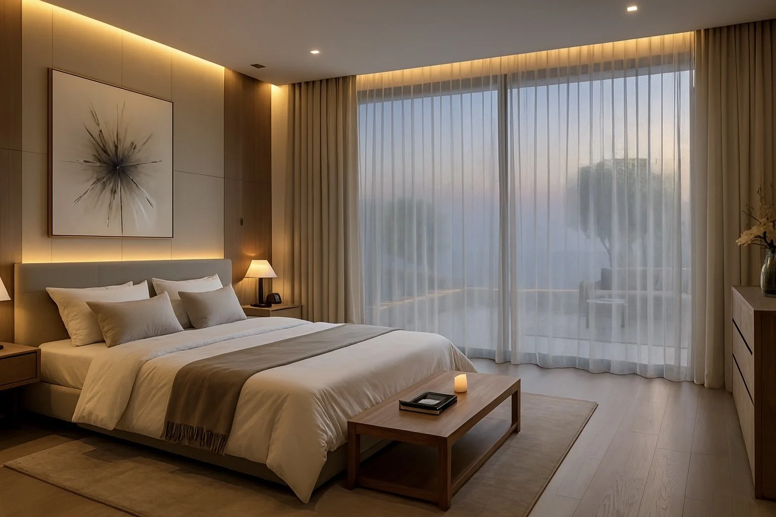 Modern bedroom with a large bed, bedside lamps, a sitting area outside on a balcony, and city view with trees