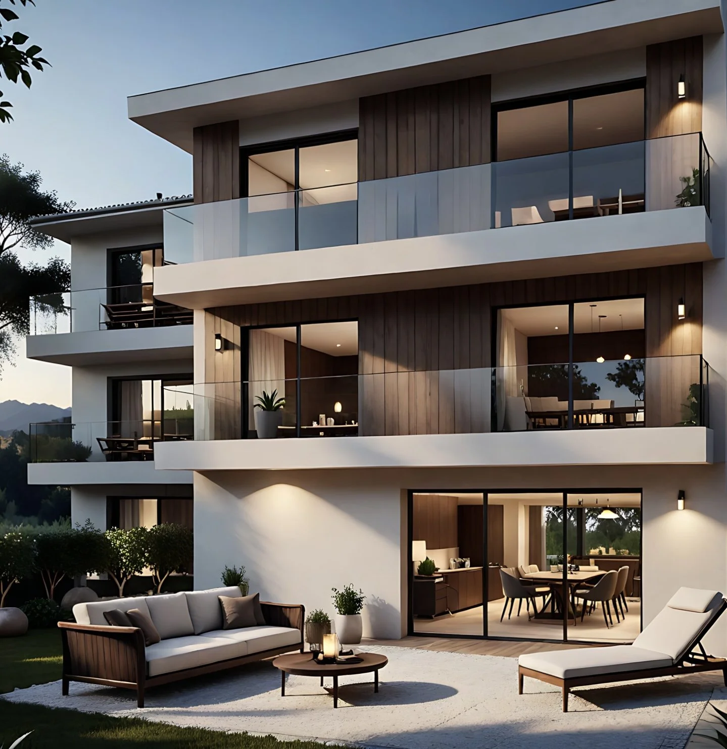 Exterior view of a modern house with a balcony, glass sliding doors, and an outdoor patio furnished with a sofa, armchair, lounge chair, and small round table, with interior visible through the doors featuring a dining area.