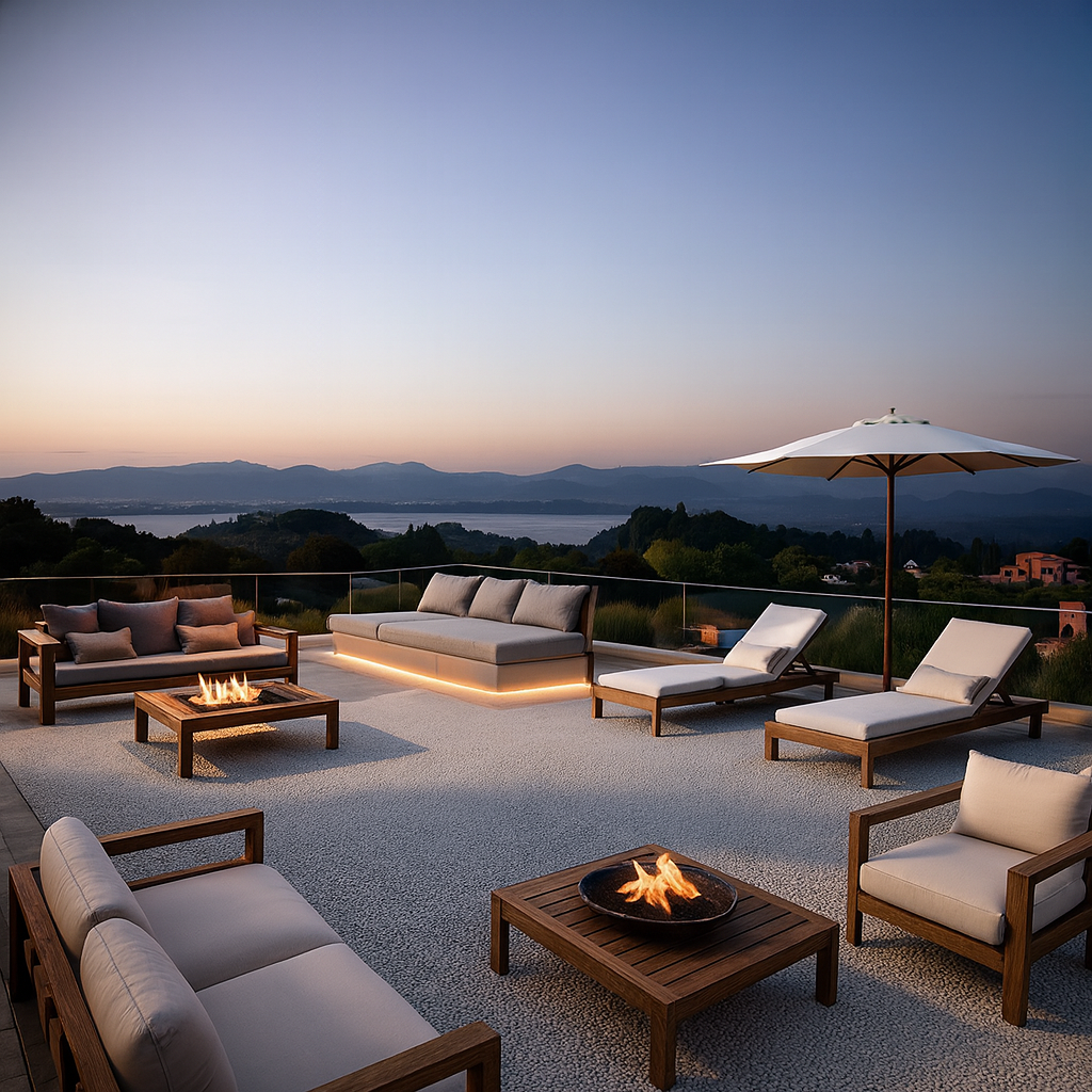 Outdoor lounge area with modern furniture, fire pits, and a large umbrella, set against a backdrop of trees at dusk.
