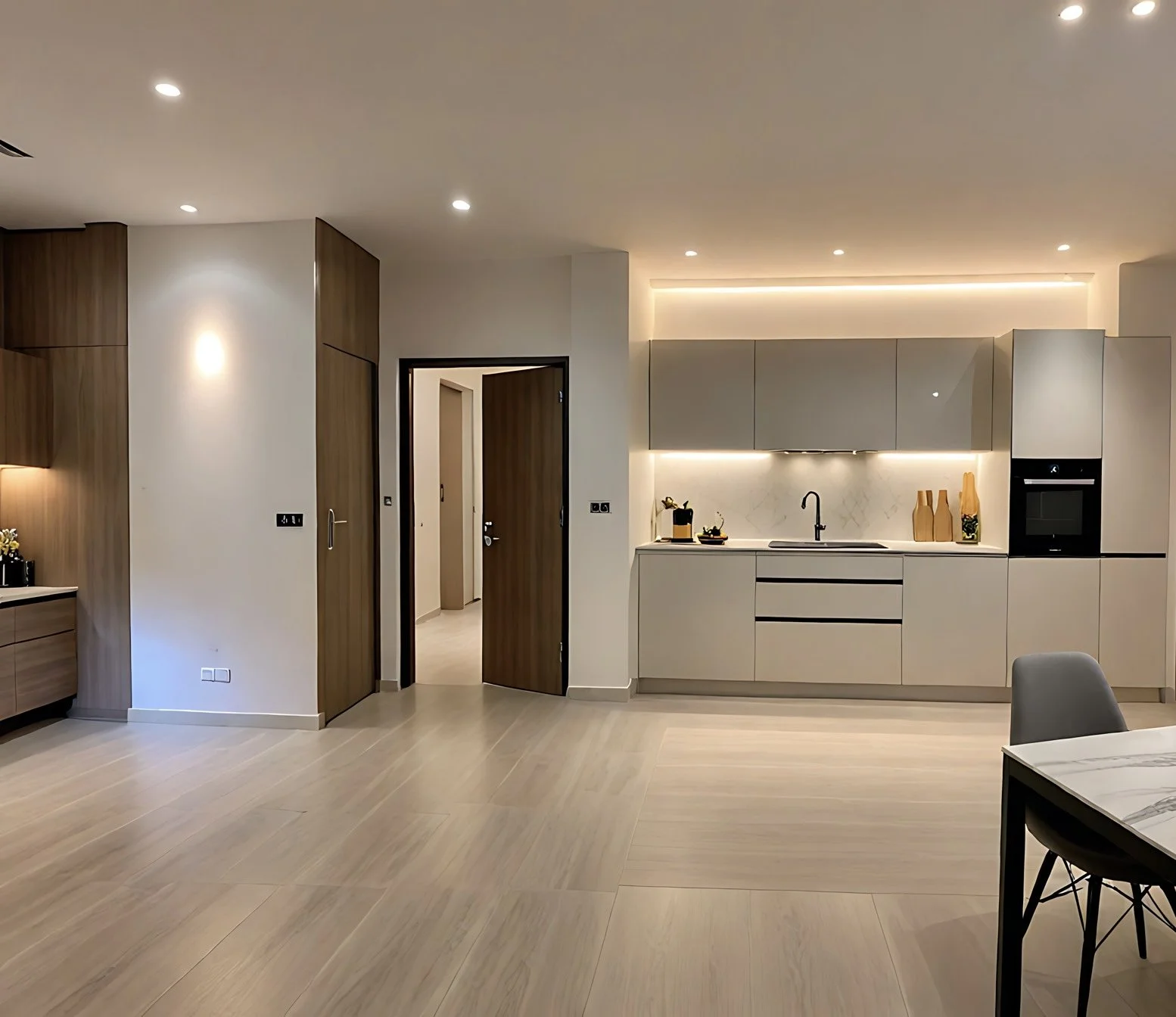 Modern kitchen with white cabinets, a marble backsplash, and wooden accents, illuminated by recessed lighting.