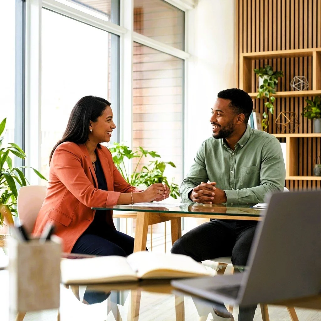 Two professionals in a consultation meeting discussing work-related matters