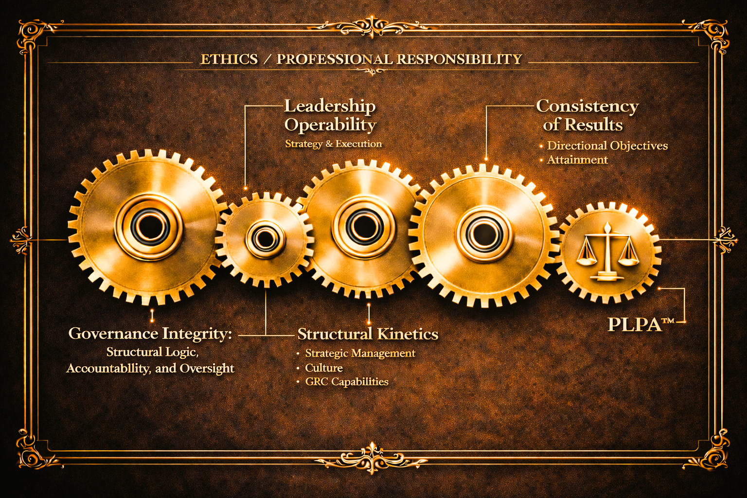 Axium-27 proprietary PLPA five-gear model showing Governance Integrity Assurance, Leadership Operability Assurance, Structural Kinetics Assurance, and Consistency of Results Assurance