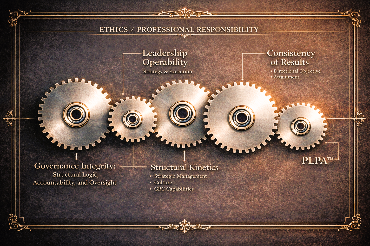 Five gears representing the integrated mechanics of governance and leadership is organizational performance.