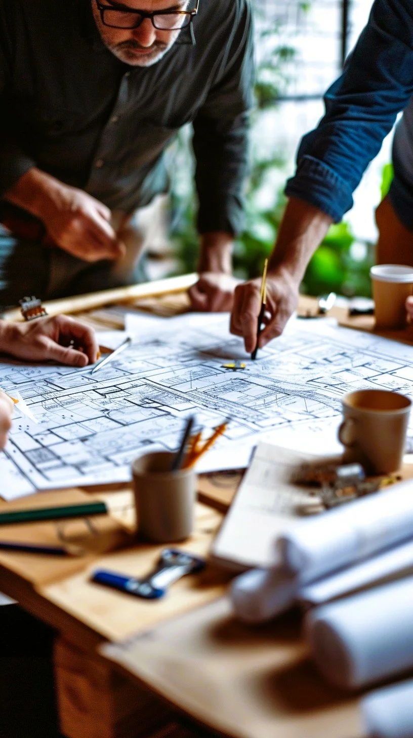 Team reviewing plans and operational layouts