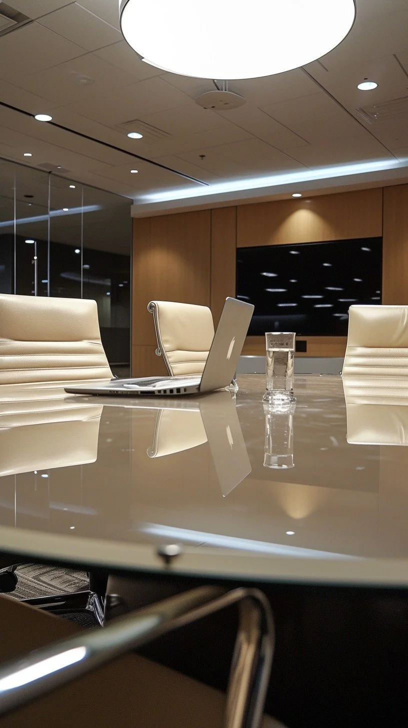 Laptop and glass of water on conference room table with empty chairs