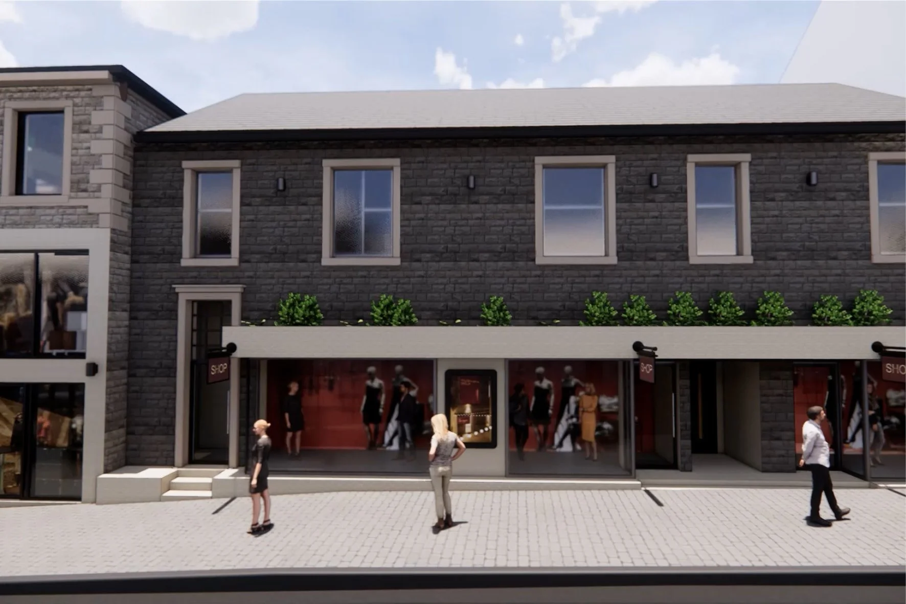 Rendering of a modern, three-story commercial building with brick and white exterior, large display windows, and a sidewalk with pedestrians.