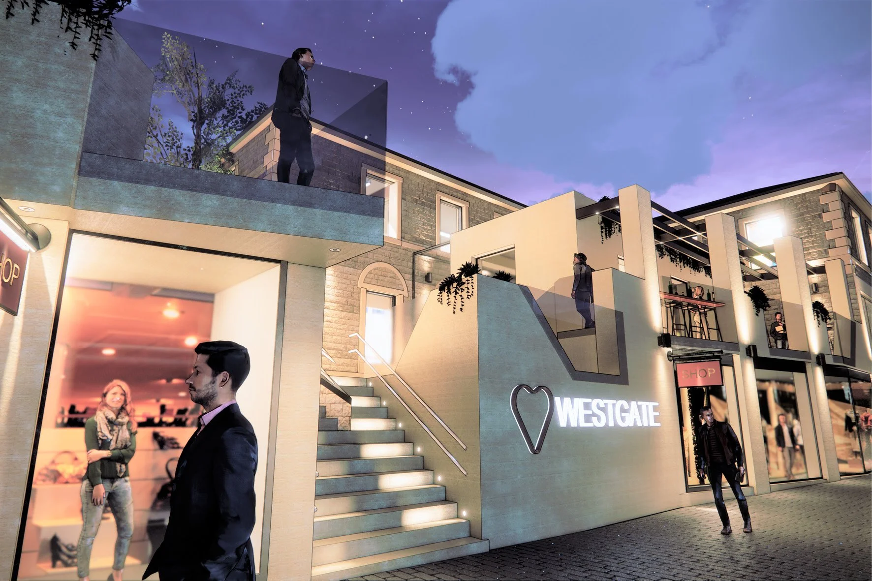 Nighttime scene of a modern shopping complex called Westgate with storefronts, outdoor stairs with lighting, and people walking or standing outside, including a man and a woman near the shops, and a person standing on the upper balcony.