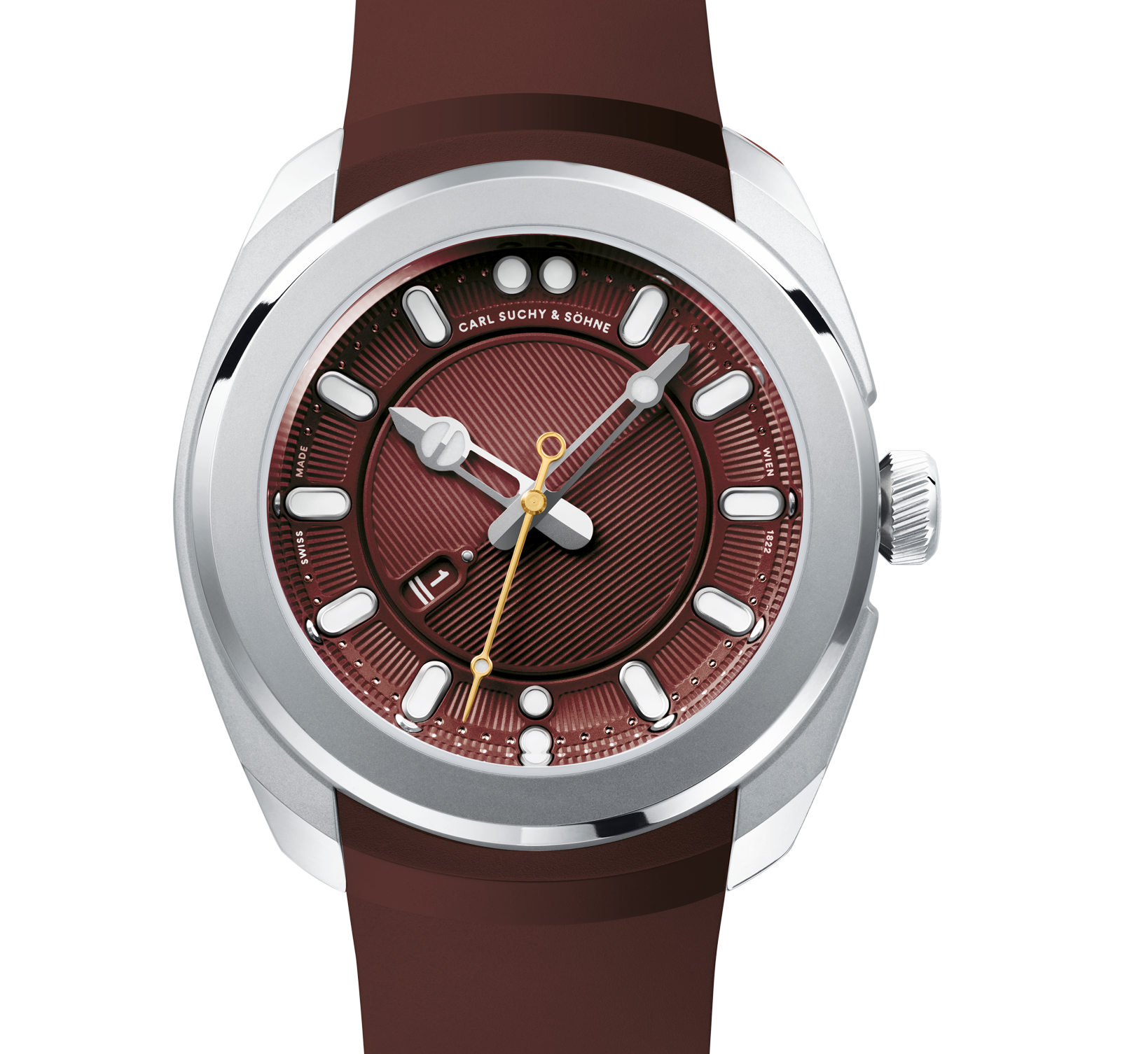A wristwatch with a large silver case, a red dial with white hour markers, and a brown strap. The watch has three hands and a date window at the 8 o'clock position.