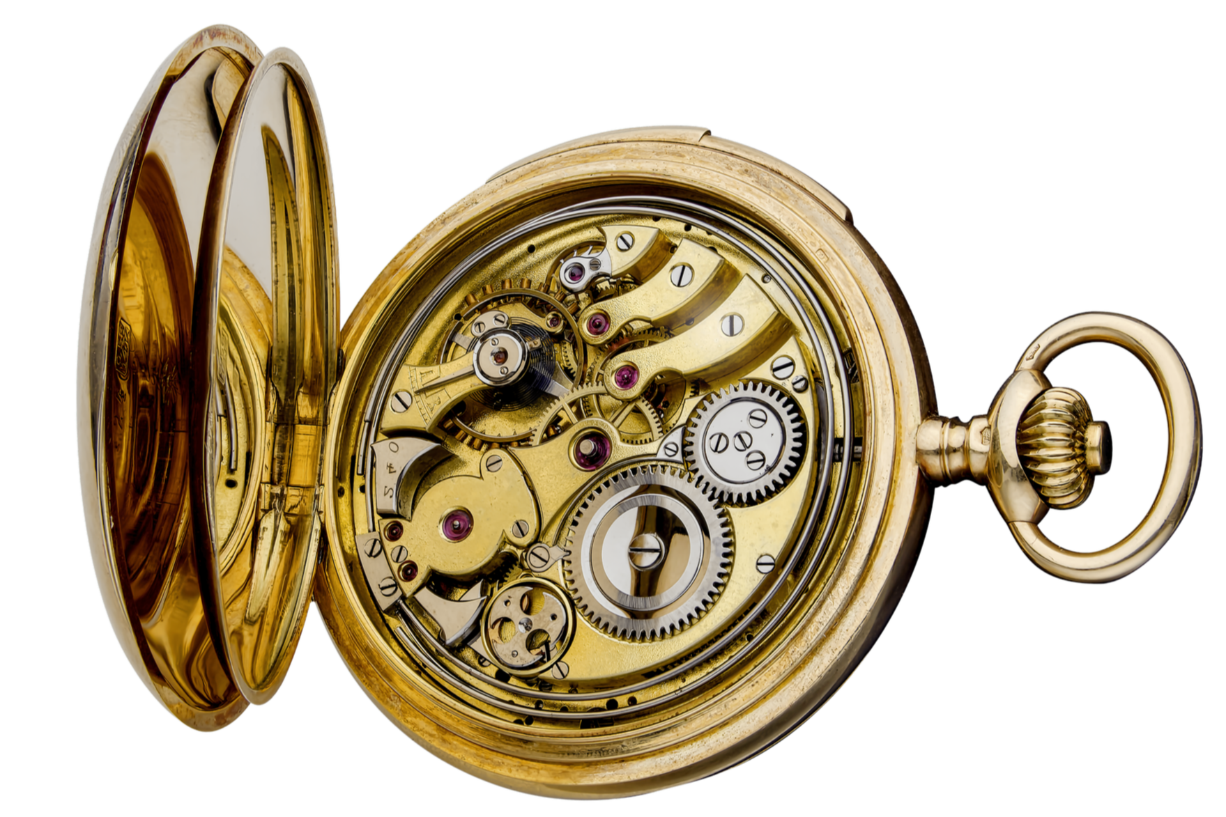 Close-up view of an open gold pocket watch with visible intricate mechanical gears and components.