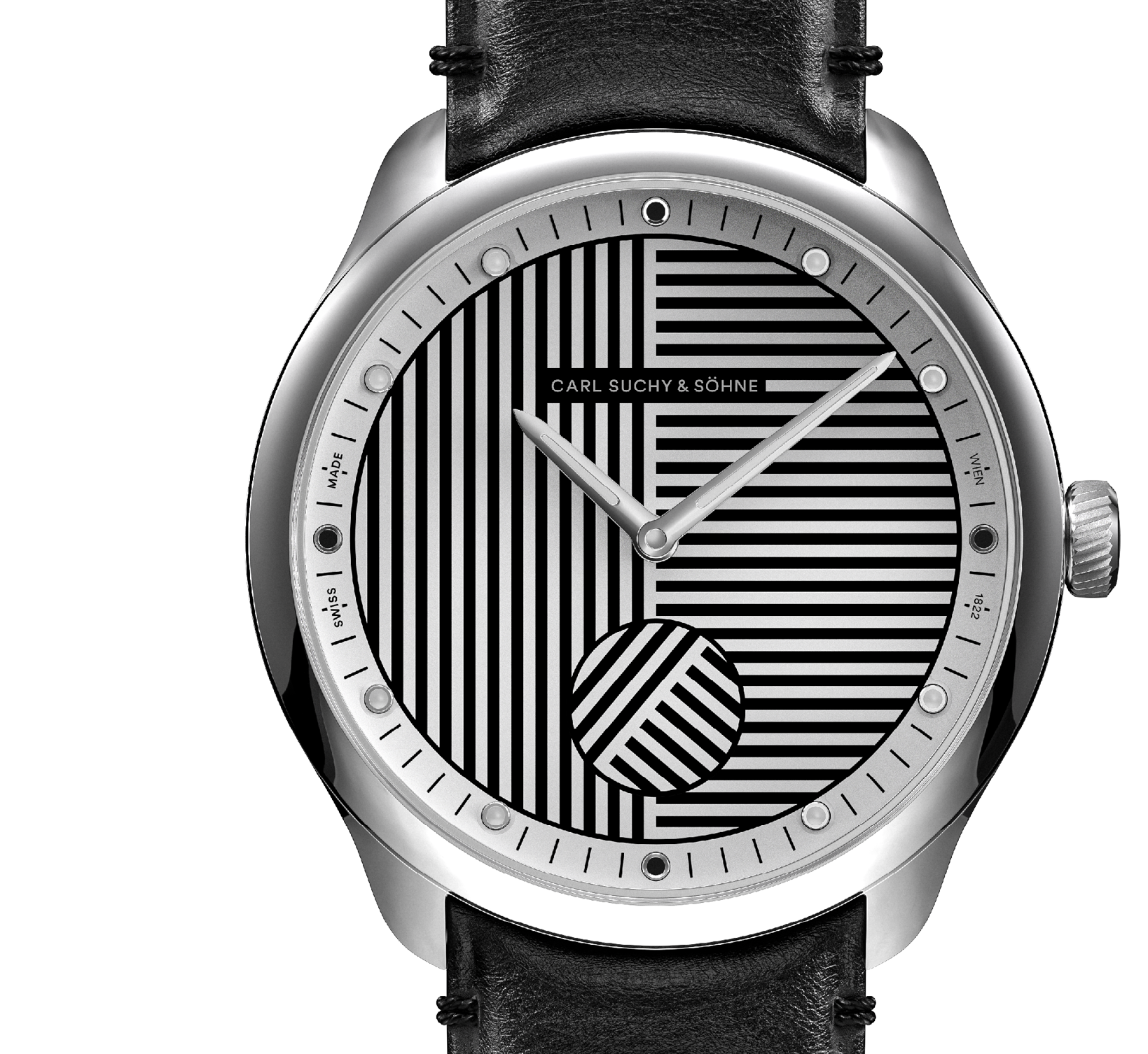 A stylish wristwatch with a round black and white striped dial, metal bezel, black leather strap, and the brand name Carl Suchy & Söhne.