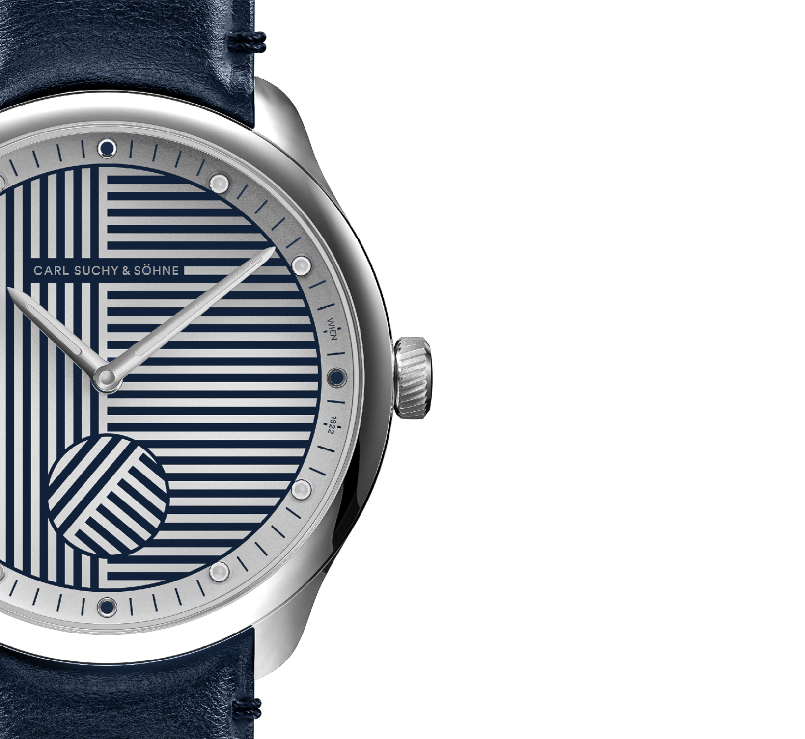 Close-up of a Carl Suchy & Söhne wristwatch with a striped patterned dial and black leather strap.