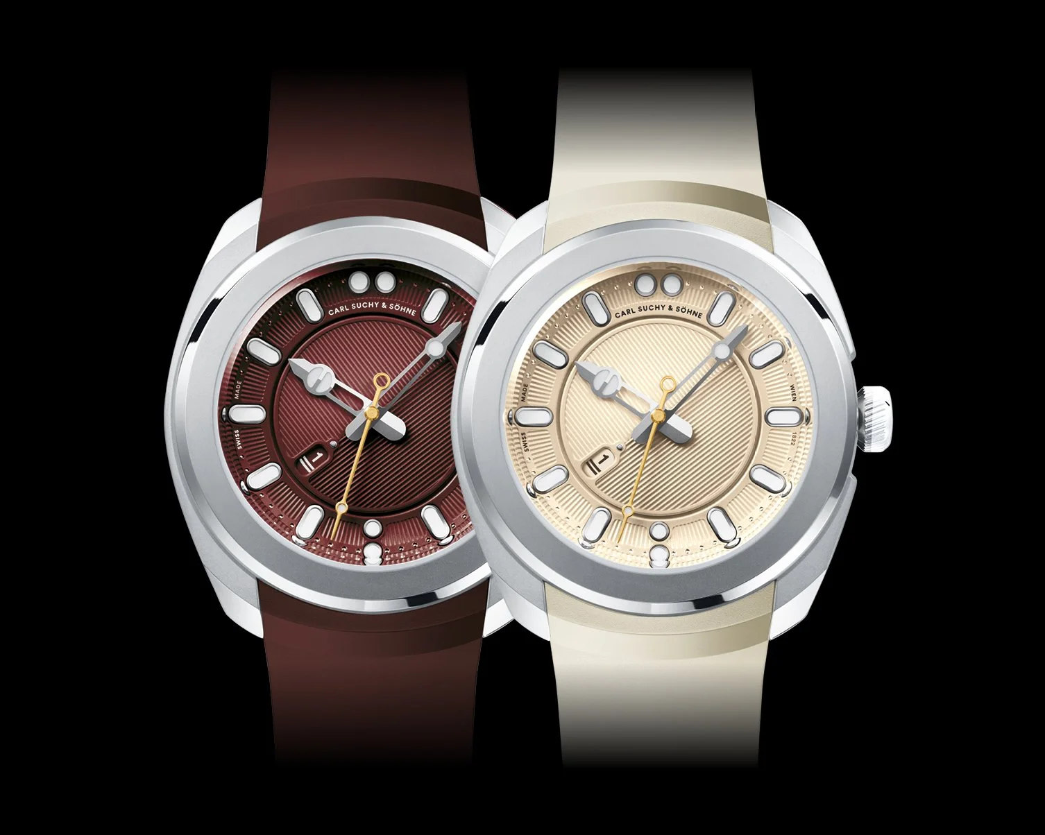 Two luxury wristwatches with round faces, one with a maroon dial and leather strap, the other with a beige dial and strap, both featuring silver bezels and markers.