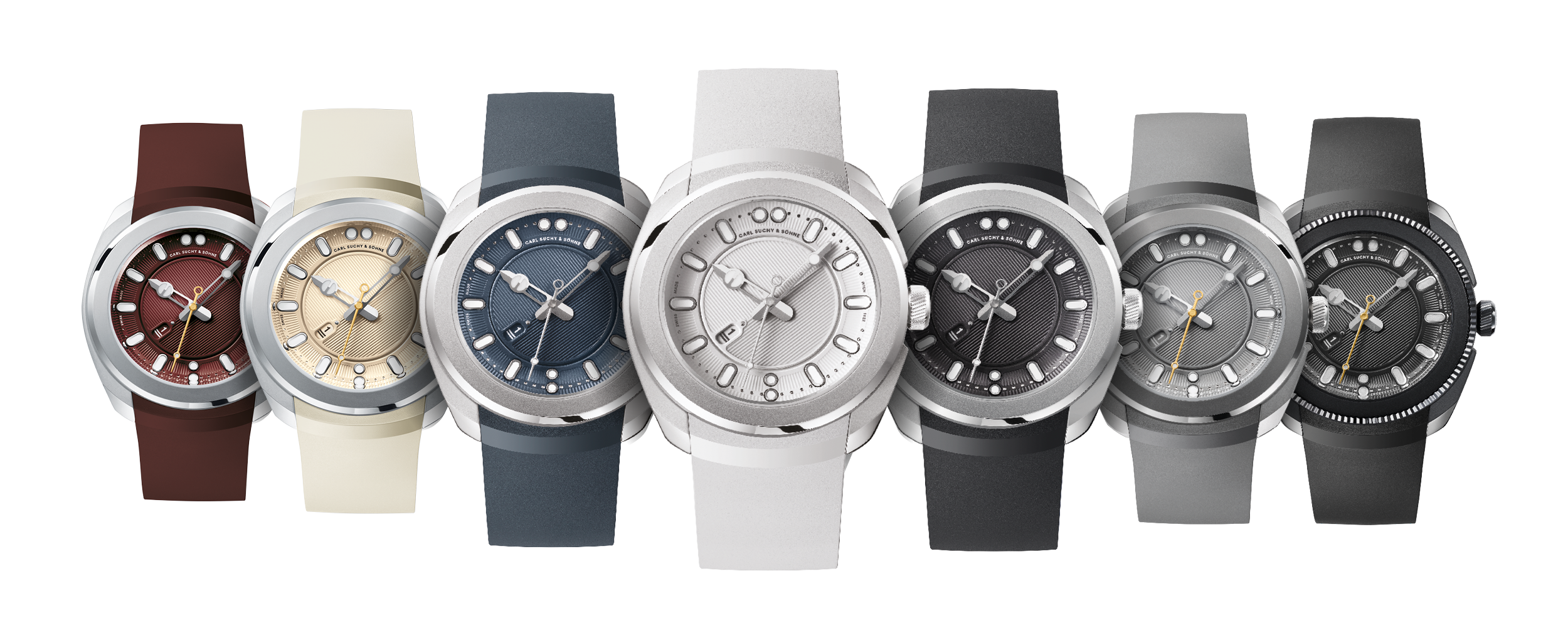 A collection of seven men's wristwatches with different colored dials and band styles, arranged in a line.