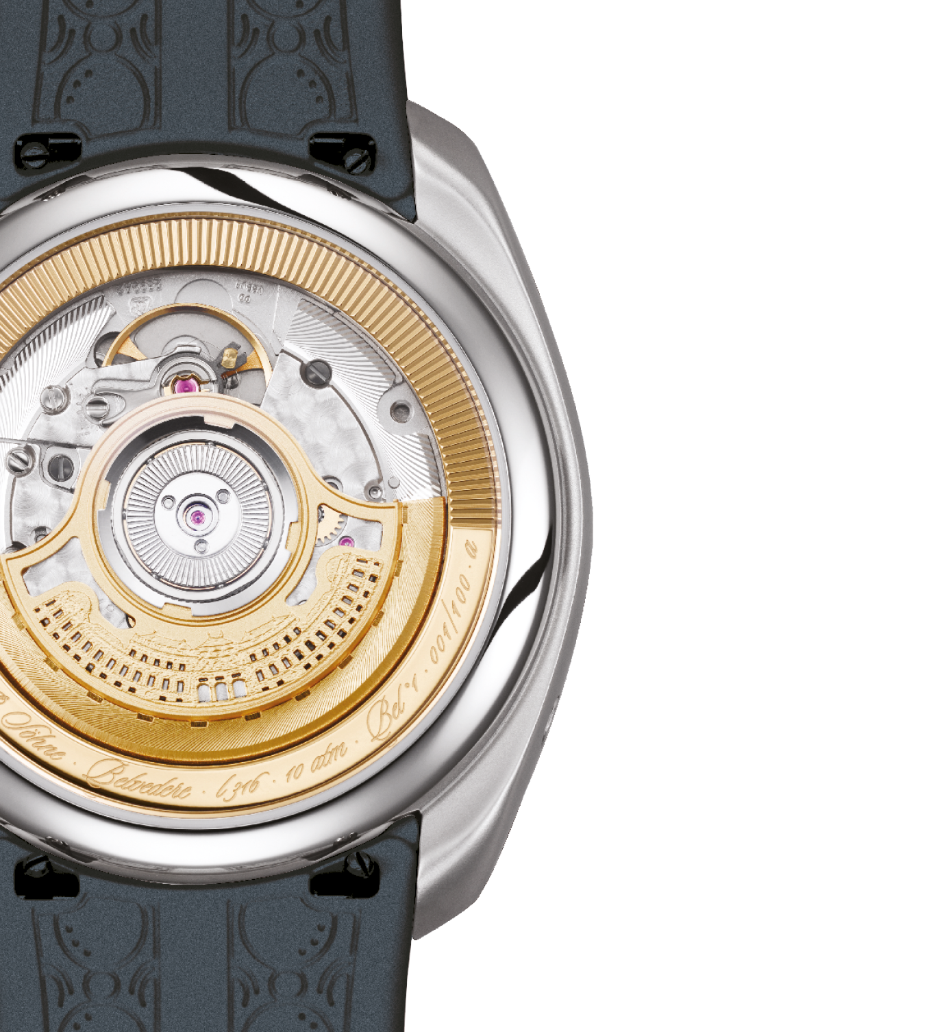 Close-up of a luxury wristwatch's back, showing intricate mechanical movements and gold accents