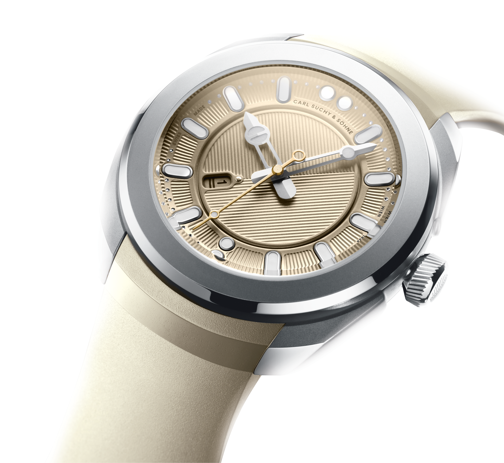 Close-up of a luxury wristwatch with a beige strap, a gold dial, and a silver and black case.