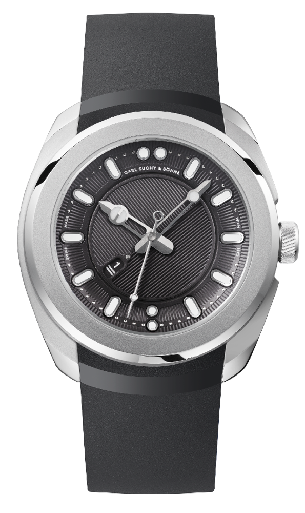 A modern wristwatch with a black strap, silver bezel, and a black dial with silver hour markers and hands.