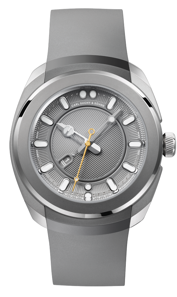 Gray wristwatch with round face, white and silver markers, three hands, date display, and a gray strap.