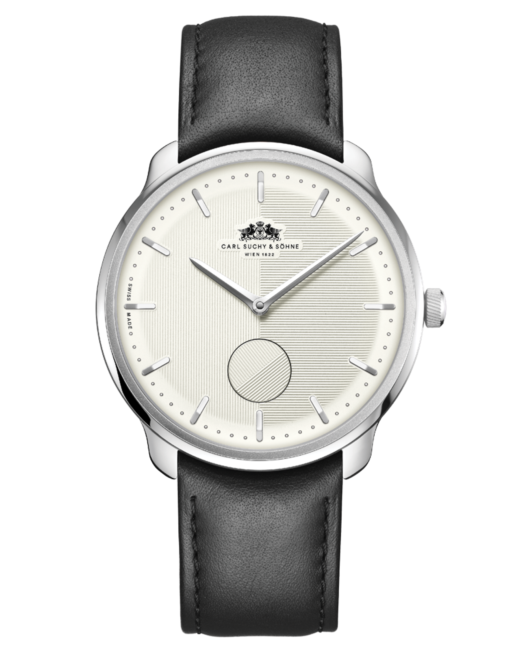 Waltz Nº1. A Carl Suchy & Söhne wristwatch with a cream-colored dial, silver hour markers, silver hour and minute hands, a small seconds subdial at 6 o'clock, and a black leather strap.