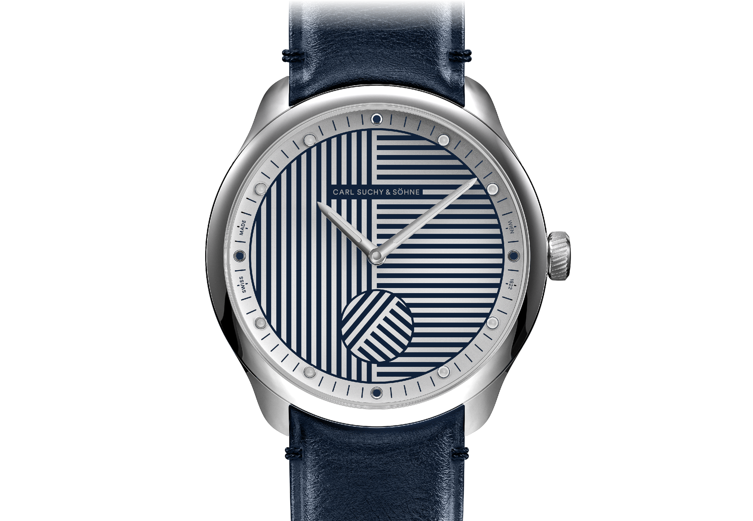 Silver wristwatch with a dark blue patterned dial and a dark blue leather strap.