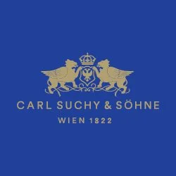 Logo of Carl Suchy & Söhne, a luxury watchmaker, with a blue background, two lions facing each other, and a crown above them.