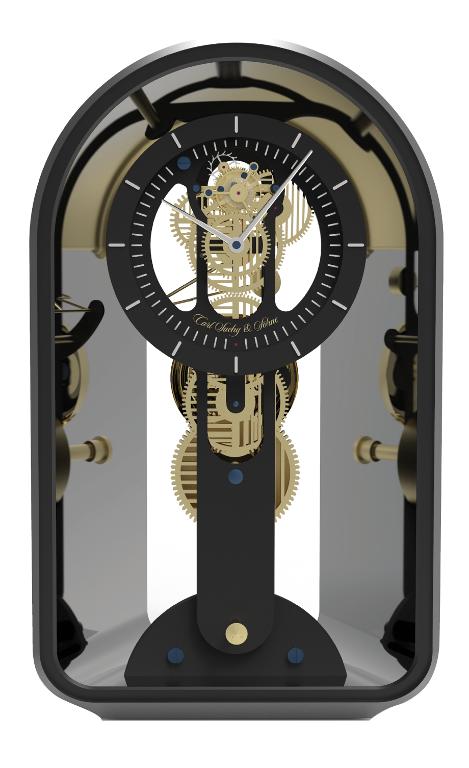 A close-up view of an intricate mechanical clock with visible gears and components, featuring a black and gold color scheme and the names Carl Suchy & Söhne on the dial.