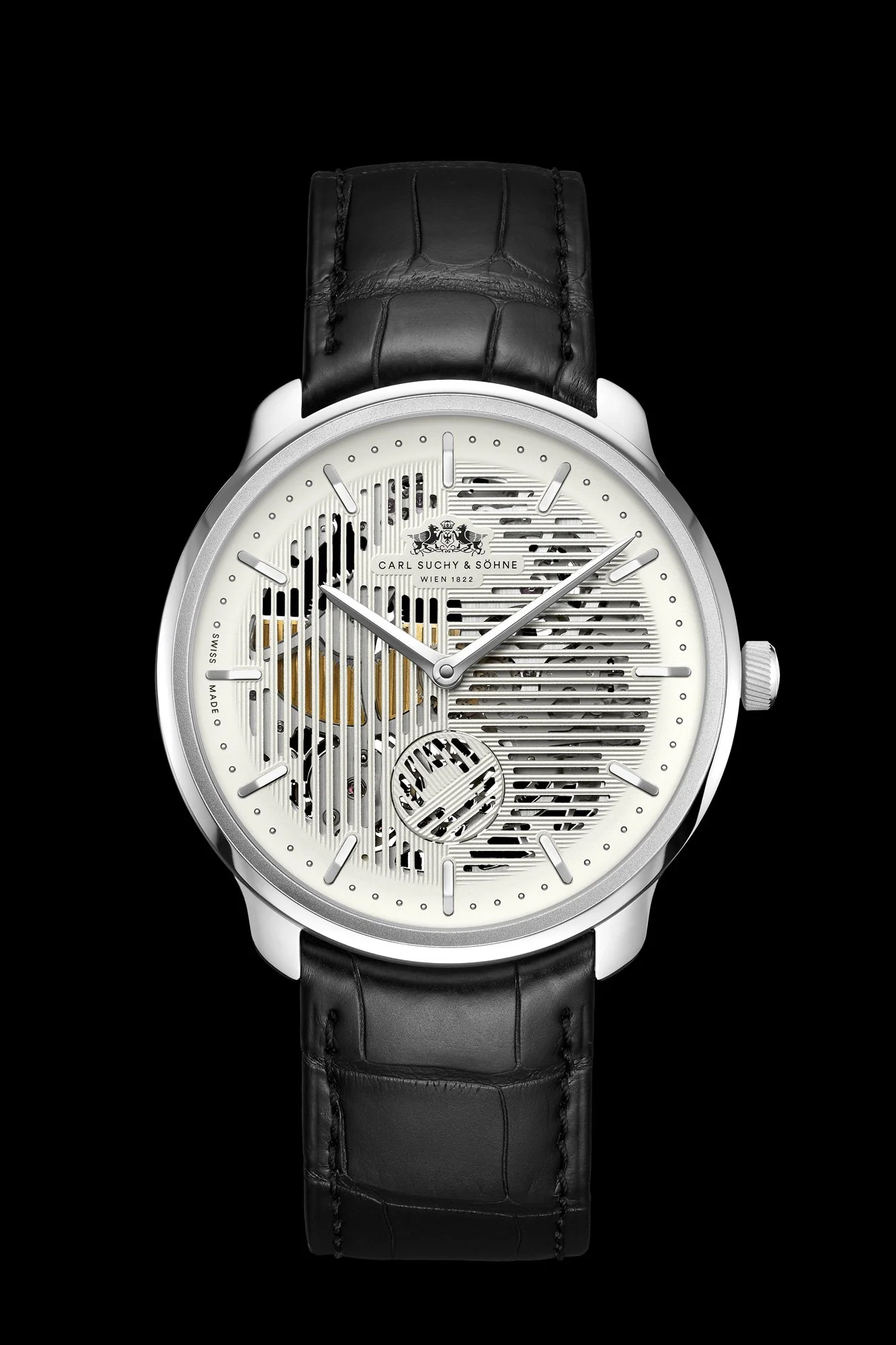 Luxury Waltz Nº1 Skeleton with layered silver skeleton dial, black leather strap, and silver case, featuring the brand Carl Suchy & Söhne.