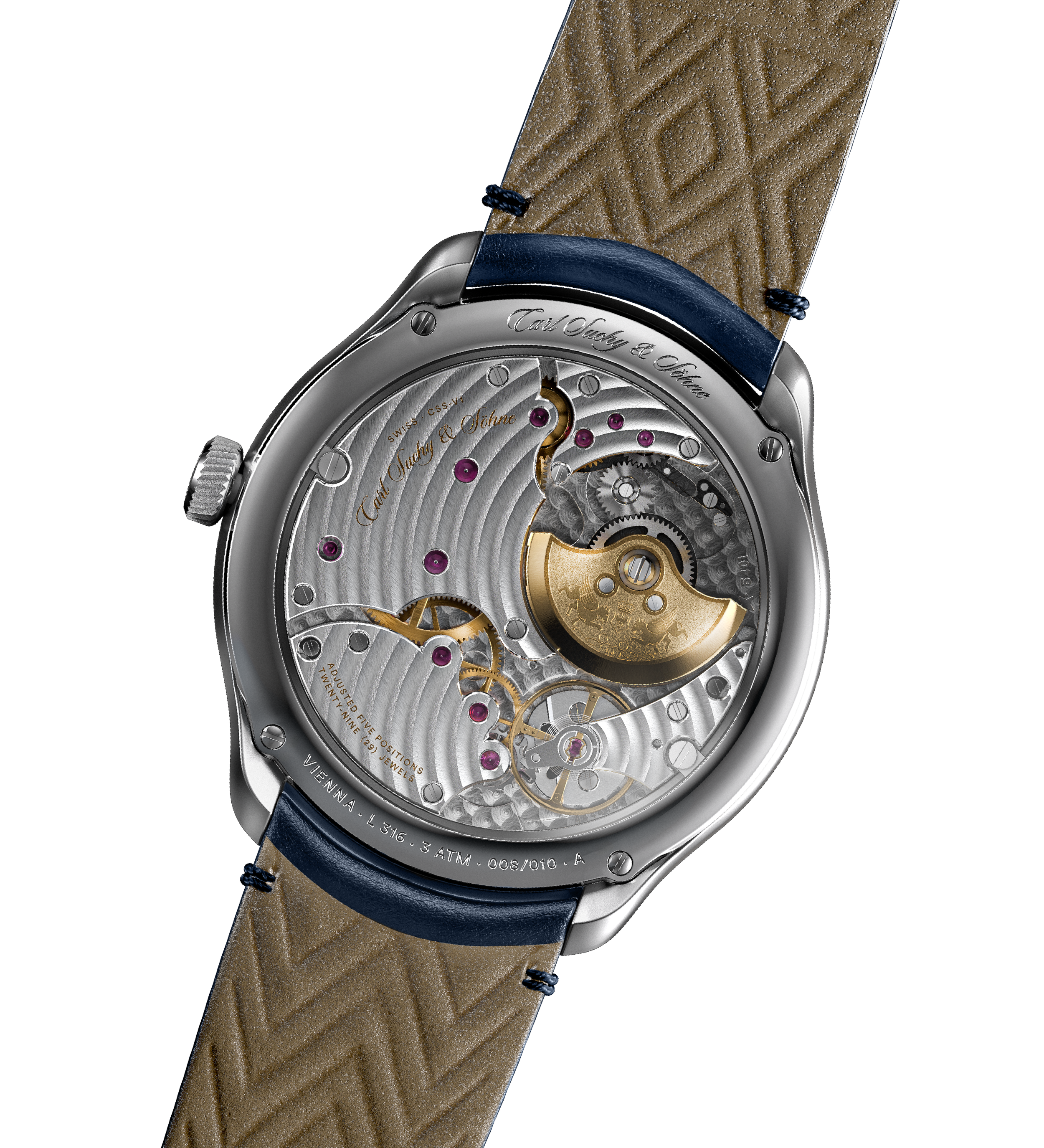 Close-up view of the back of a wristwatch showing its intricate mechanical movement with gears, jewels, and engraved inscriptions, along with a leather strap.