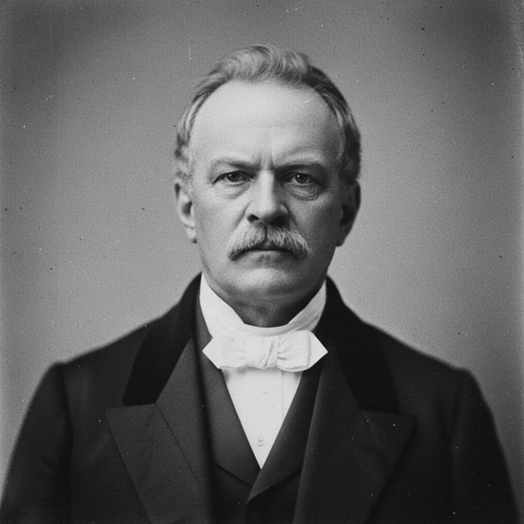 A black and white portrait of a man with a serious expression, wearing a dark suit and a white bow tie, with a background that is plain and light-colored.