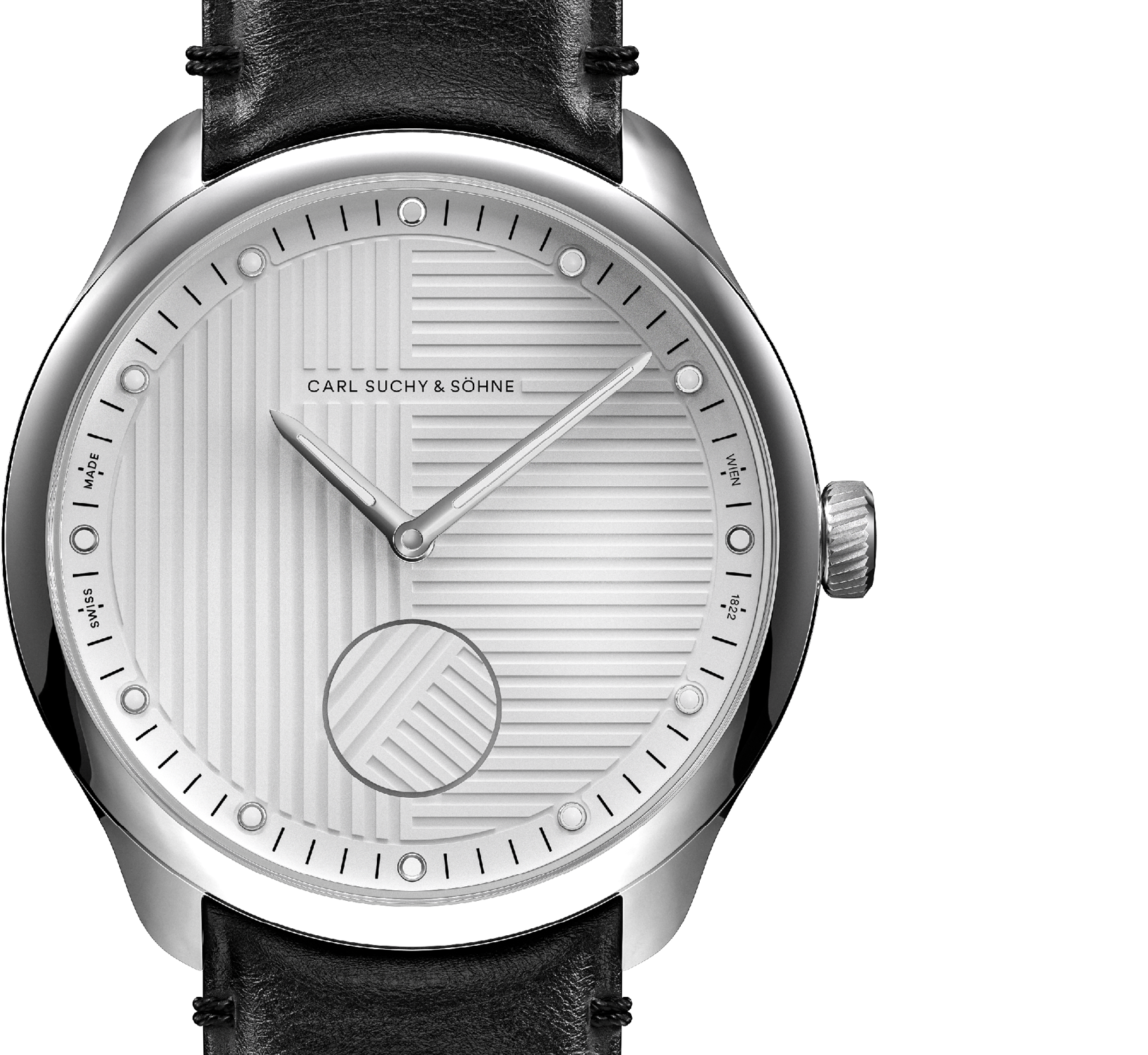 Close-up of a silver wristwatch with a white textured dial, black leather strap, and minimalist design. The dial has small circular markers for hours, and the brand name 'Carl Suchy & Söhne' is visible. The watch has silver hour and minute hands, with a smaller seconds subdial near the 6 o'clock position.