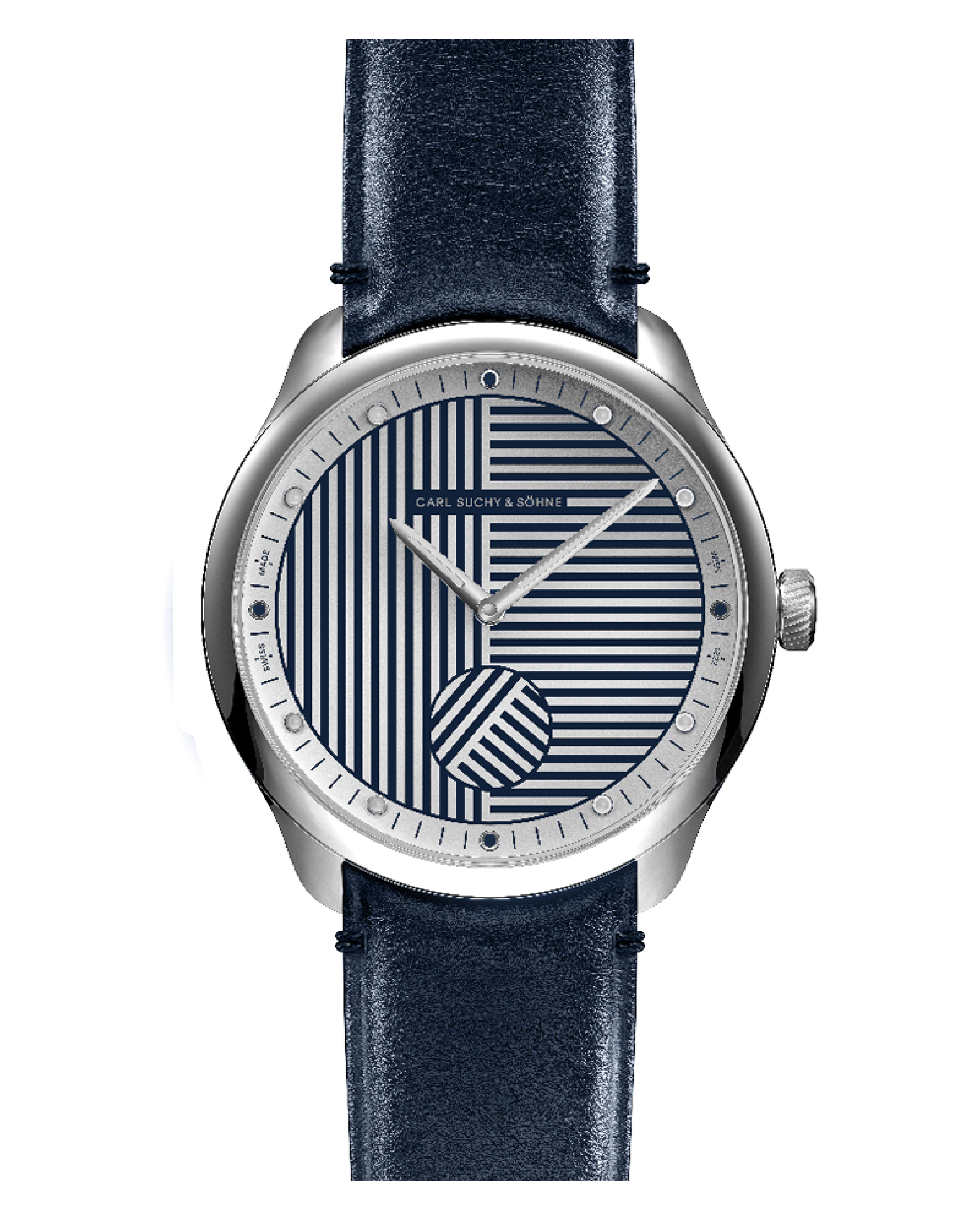 Vienna Blue Danube. A wristwatch with a silver case, navy blue leather strap, and a navy blue dial featuring geometric line patterns and silver hands.