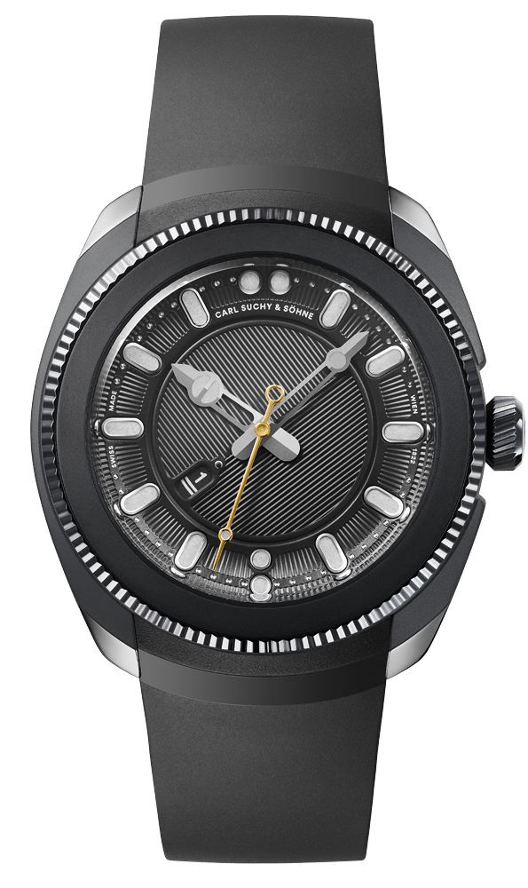 Close-up of a modern men's wristwatch with a black band, black and silver face, date display, and luminous hands.